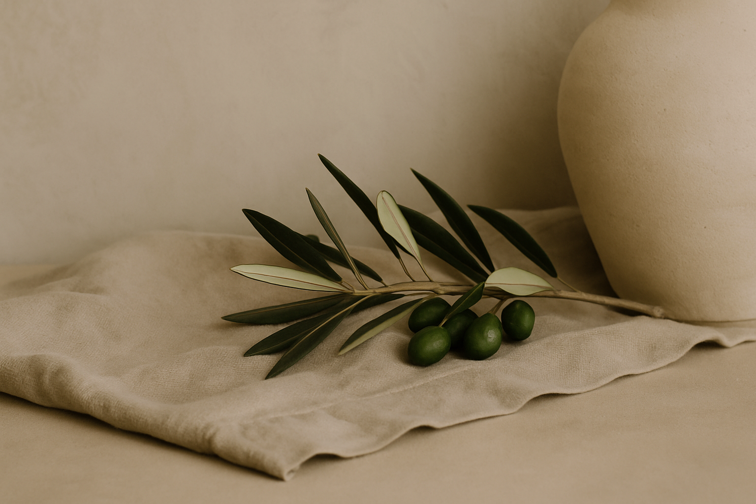 Realistic olive branch resting on beige linen with soft natural light, styled for Faith-Mark’s Olive Series countdown background