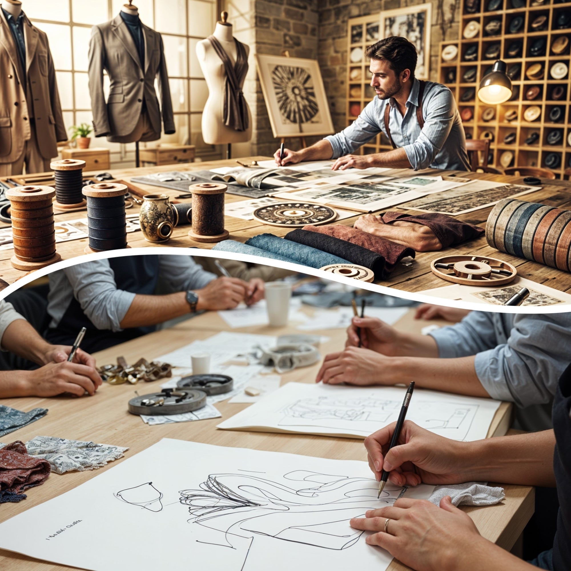 Close-up of a creative workspace featuring spools of thread, swatches of fabric, and design sketches, emphasizing high-quality craftsmanship and attention to detail.