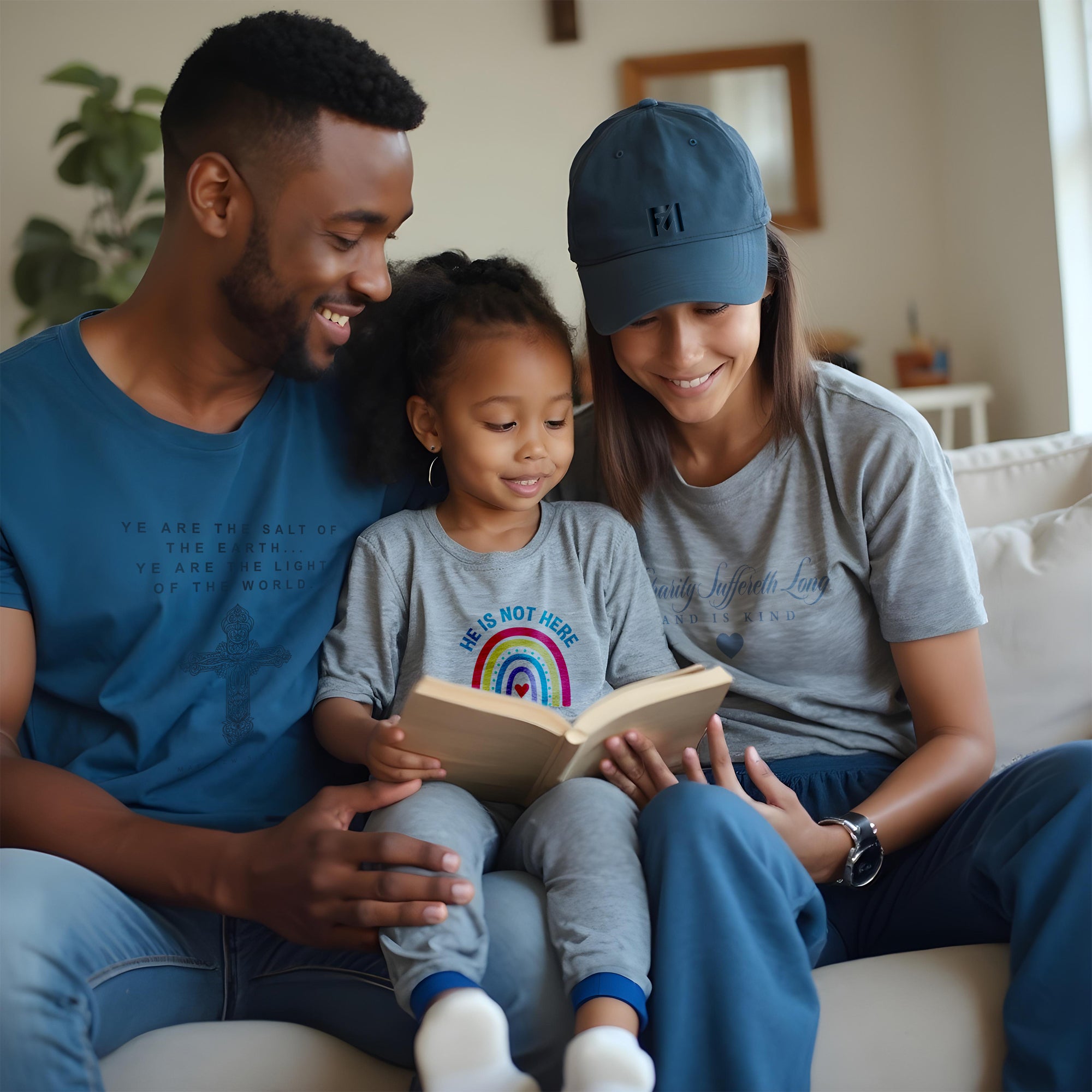 A smiling family seated on a couch, reading together, wearing Faith-Mark premium Christian apparel, including matching t-shirts and a branded cap.