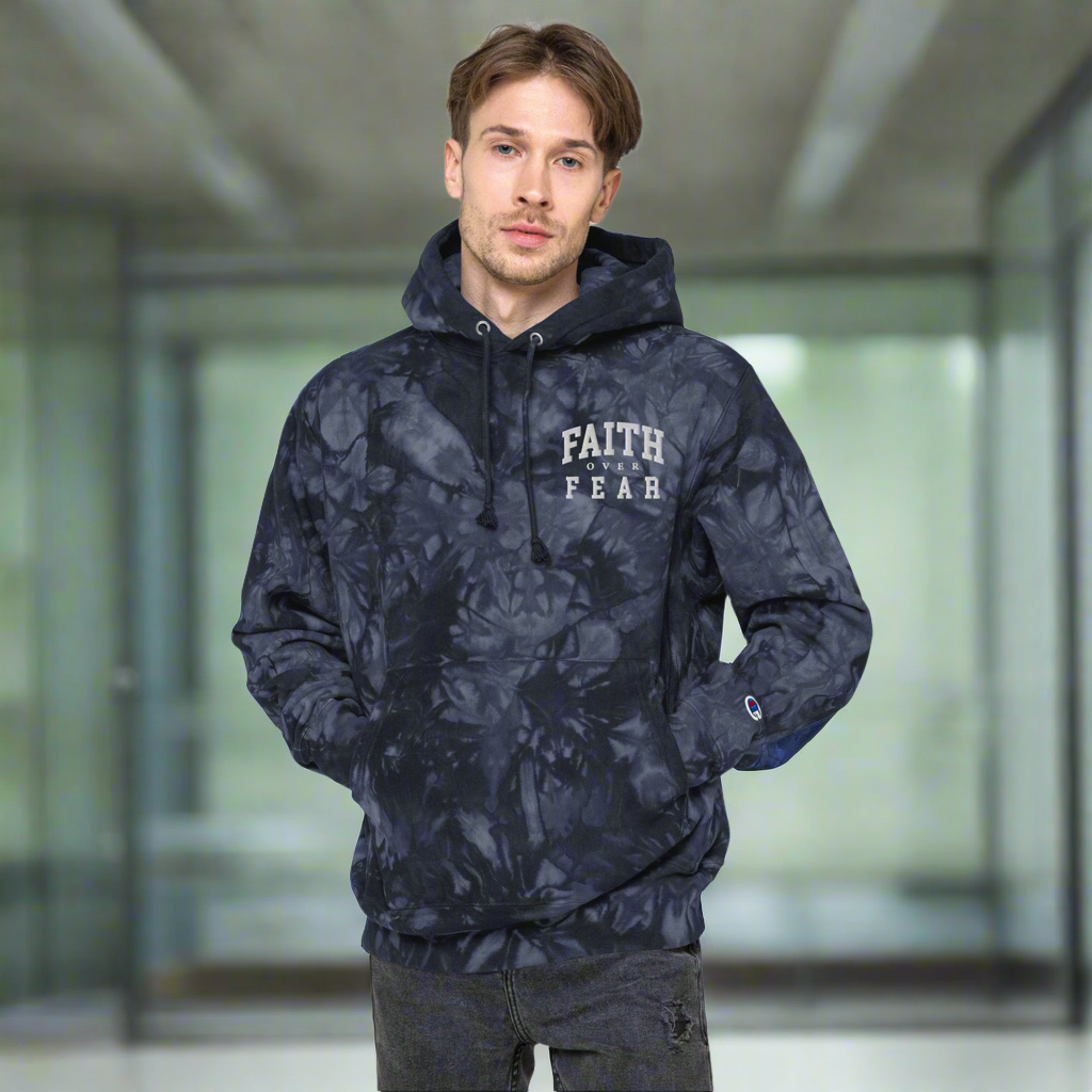 Faith-Mark x Champion Faith Over Fear: Men's Tie-Dye Hoodie in Navy - Faith-Mark