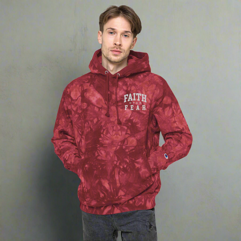 Faith-Mark x Champion Faith Over Fear: Men's Tie-Dye Hoodie in Red - Faith-Mark