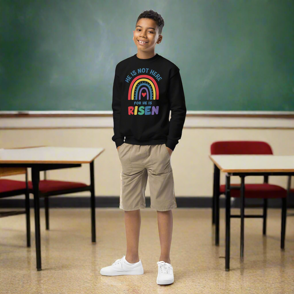 He Is Risen: Boys' Crewneck Sweatshirt in Black - Faith-Mark