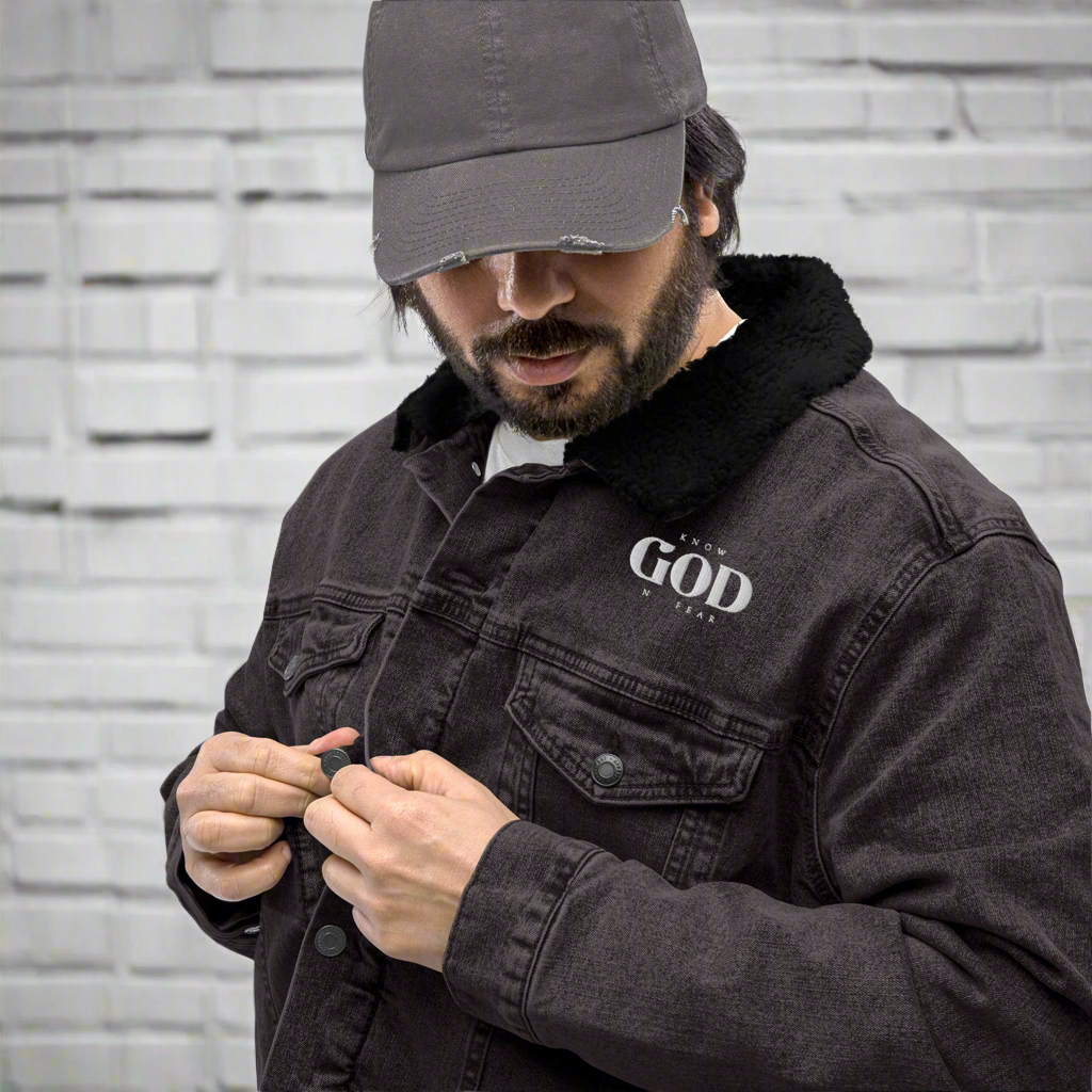 Know God, No Fear: Men's Sherpa-Lined Denim Jacket in Black - Faith-Mark