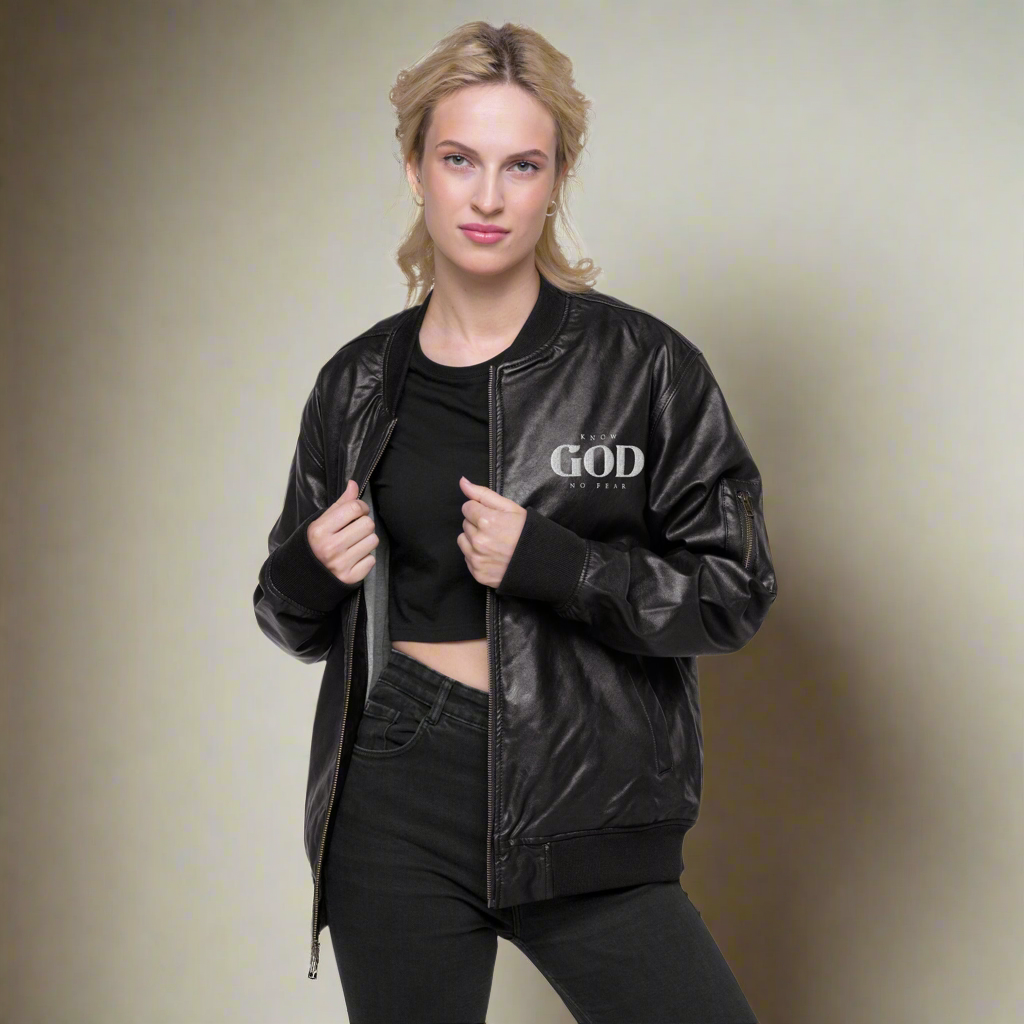 Know God, No Fear: Women's Leather Jacket in Black - Faith-Mark