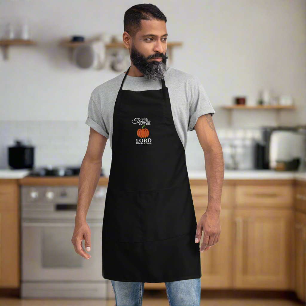 Give Thanks: Men's Embroidered Kitchen Apron in Black - Faith-Mark