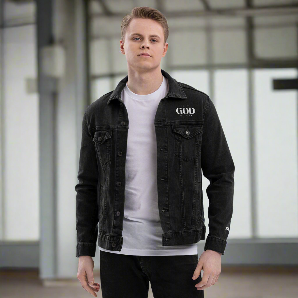 Know God, No Fear: Men's Denim Jacket in Black - Faith-Mark