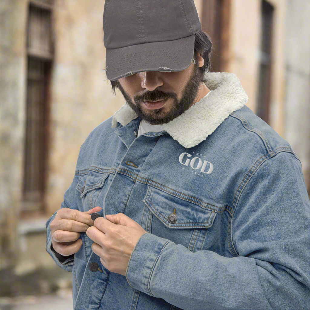 Know God, No Fear: Men's Sherpa-Lined Denim Jacket in Blue - Faith-Mark