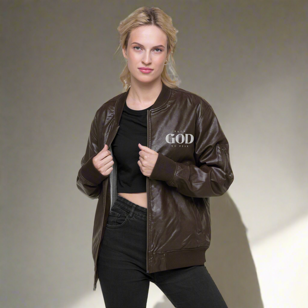 Know God, No Fear: Women's Leather Jacket in Brown - Faith-Mark