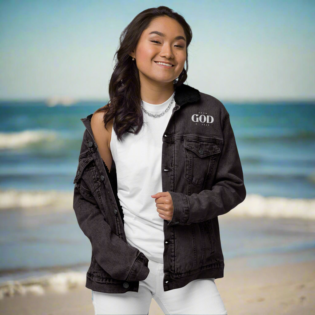 Know God, No Fear: Women's Sherpa-Lined Denim Jacket in Black - Faith-Mark