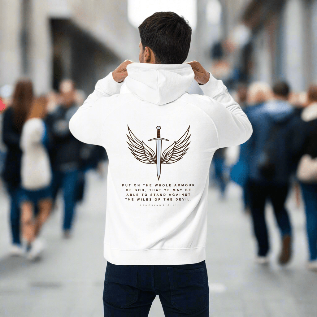 Armor of God: Men's Eco Raglan Hoodie in White - Faith-Mark