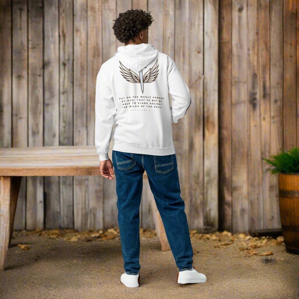 Armor of God: Men's Premium Zip Hoodie in White - Faith-Mark