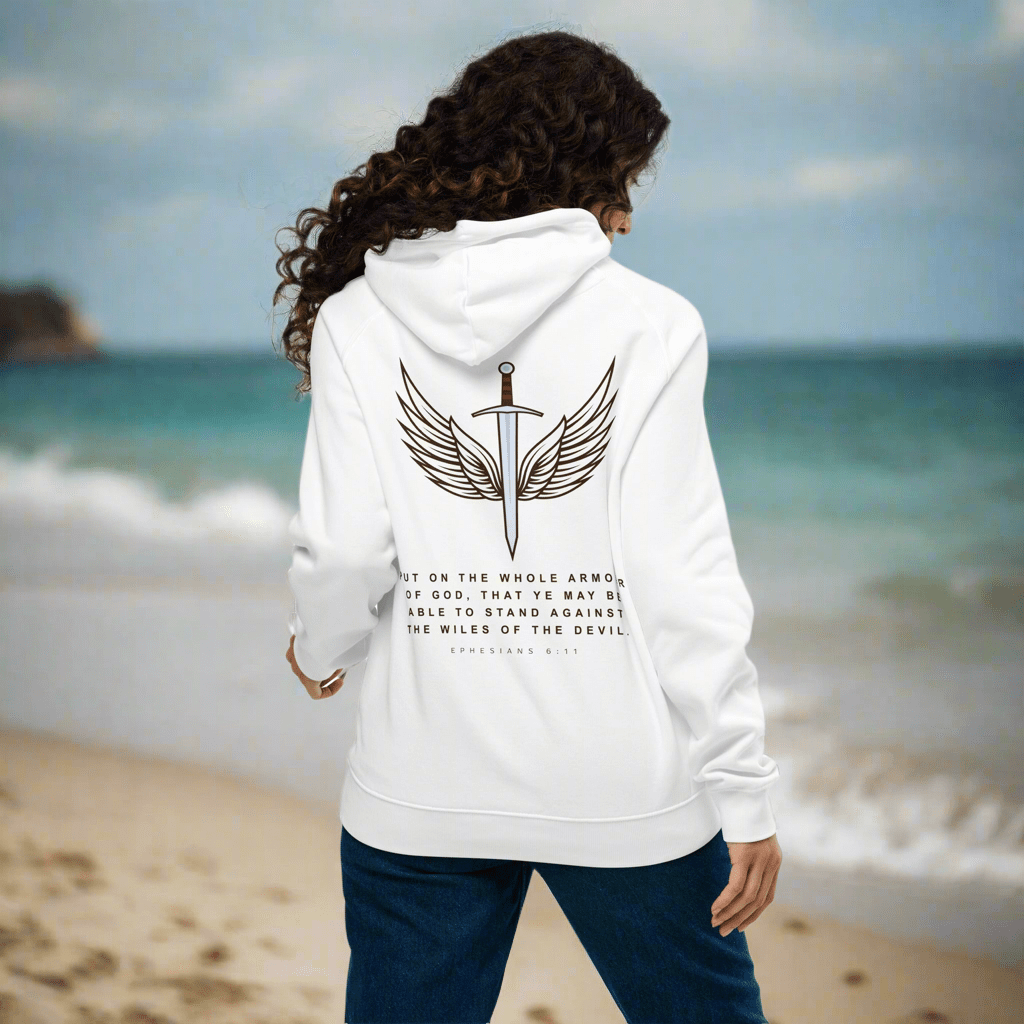 Armor of God: Women's Eco Raglan Hoodie in White - Faith-Mark