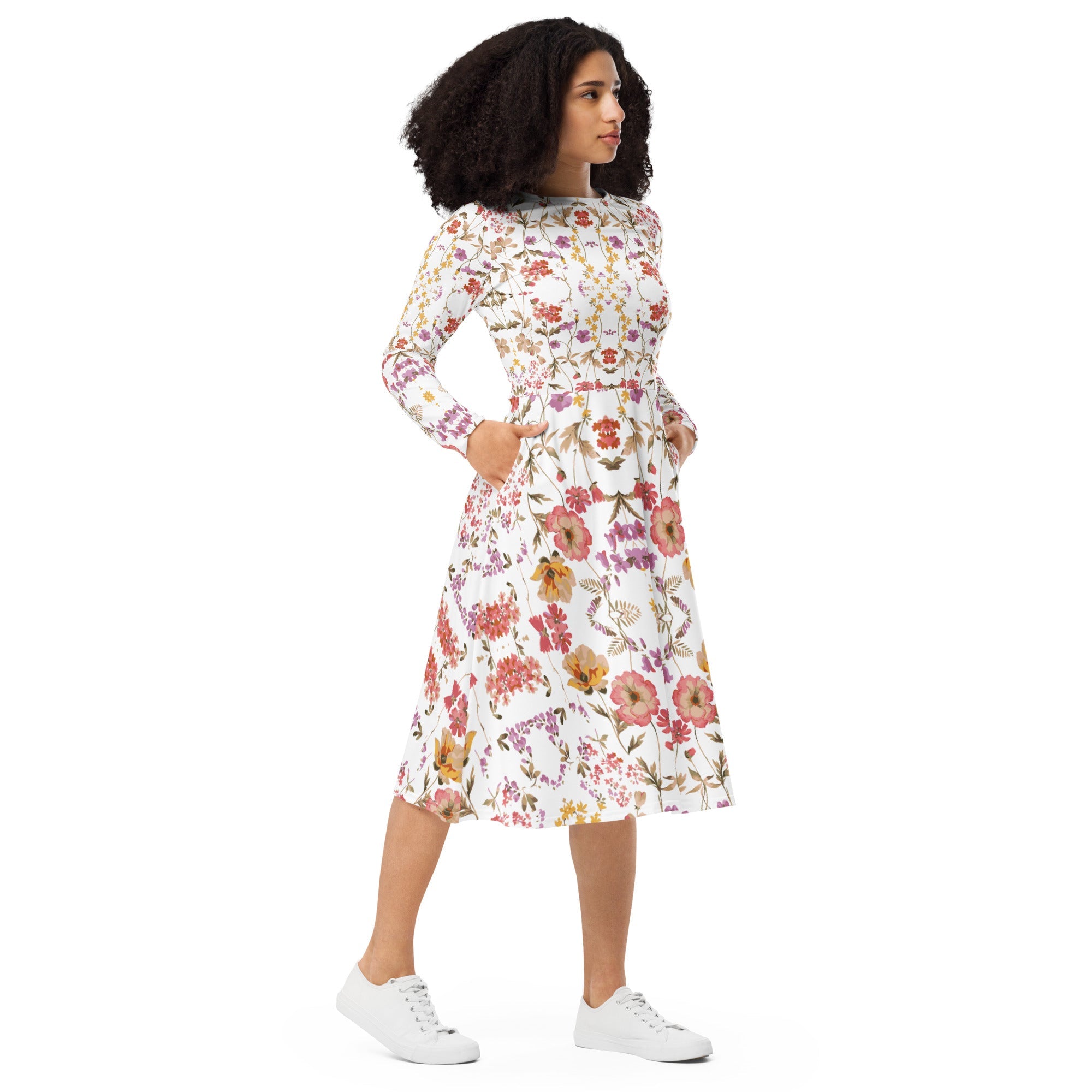 Autumn Elegance: Women's Floral Midi Dress - Faith-Mark