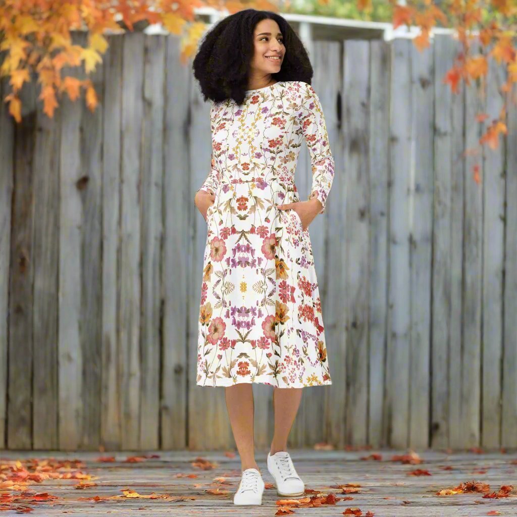 Autumn Elegance: Women's Floral Midi Dress - Faith-Mark