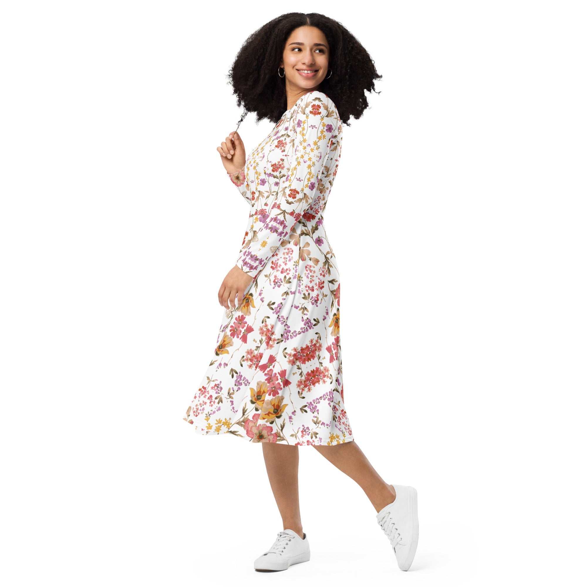 Autumn Elegance: Women's Floral Midi Dress - Faith-Mark