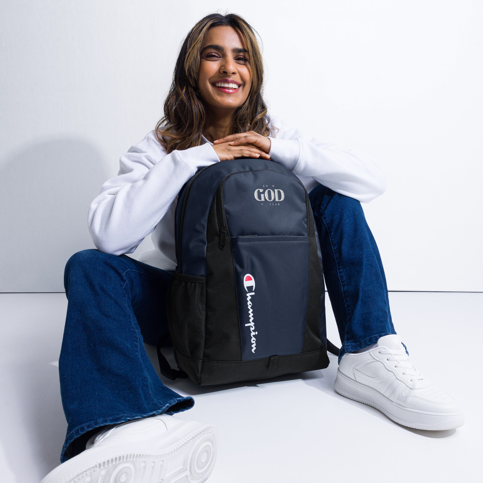 Faith-Mark x Champion Know God, No Fear: Backpack in Navy - Faith-Mark