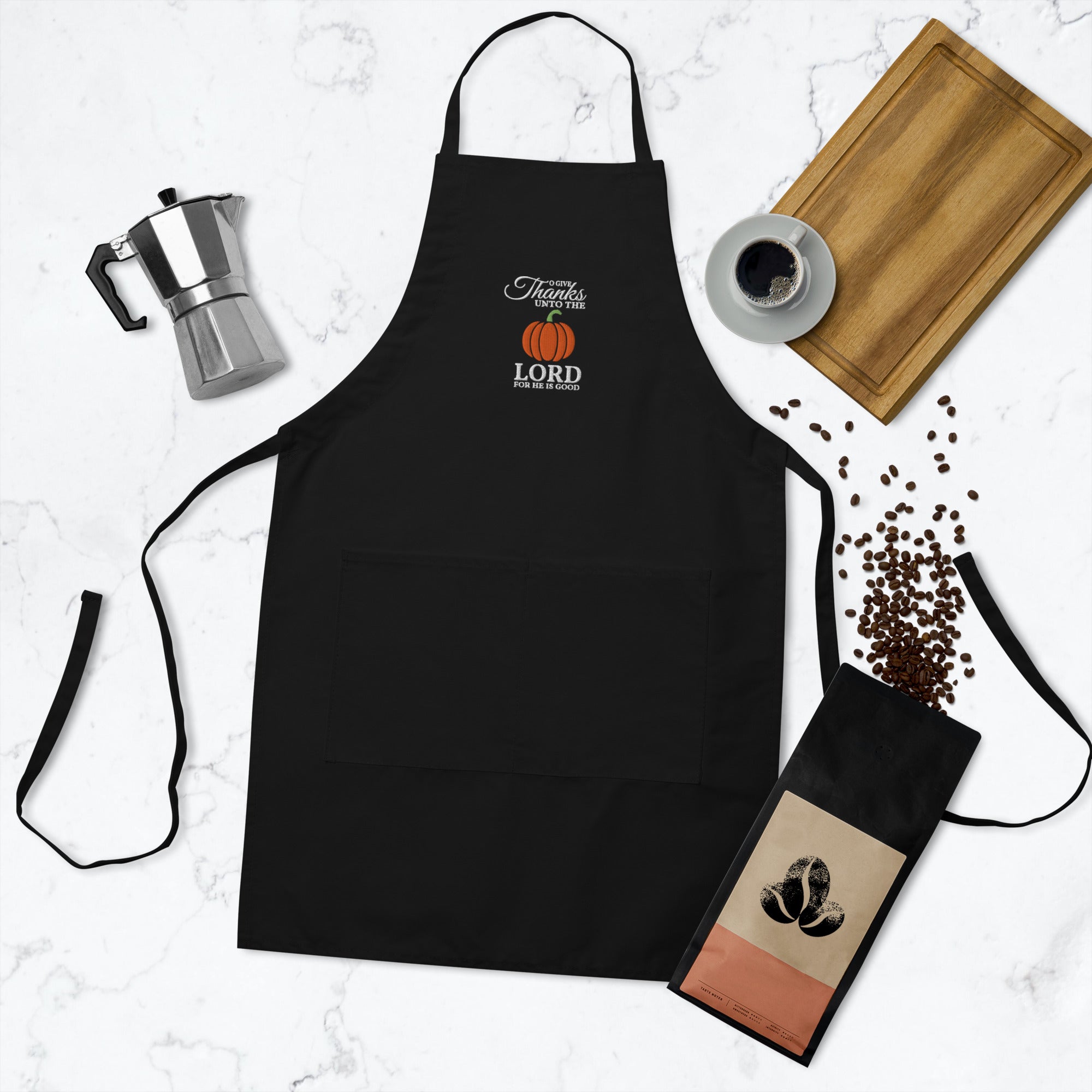 Give Thanks: Men's Embroidered Kitchen Apron in Black - Faith-Mark