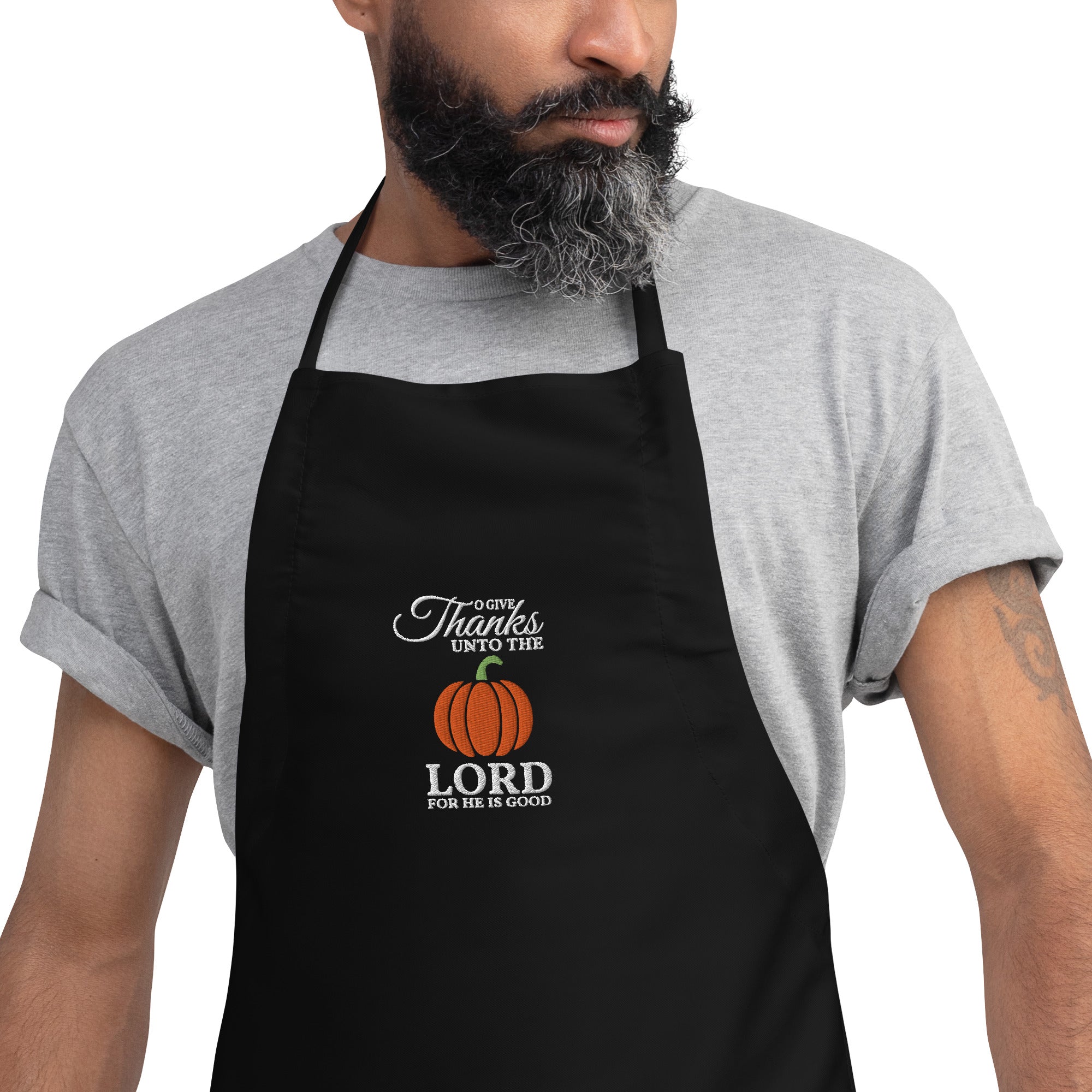 Give Thanks: Men's Embroidered Kitchen Apron in Black - Faith-Mark