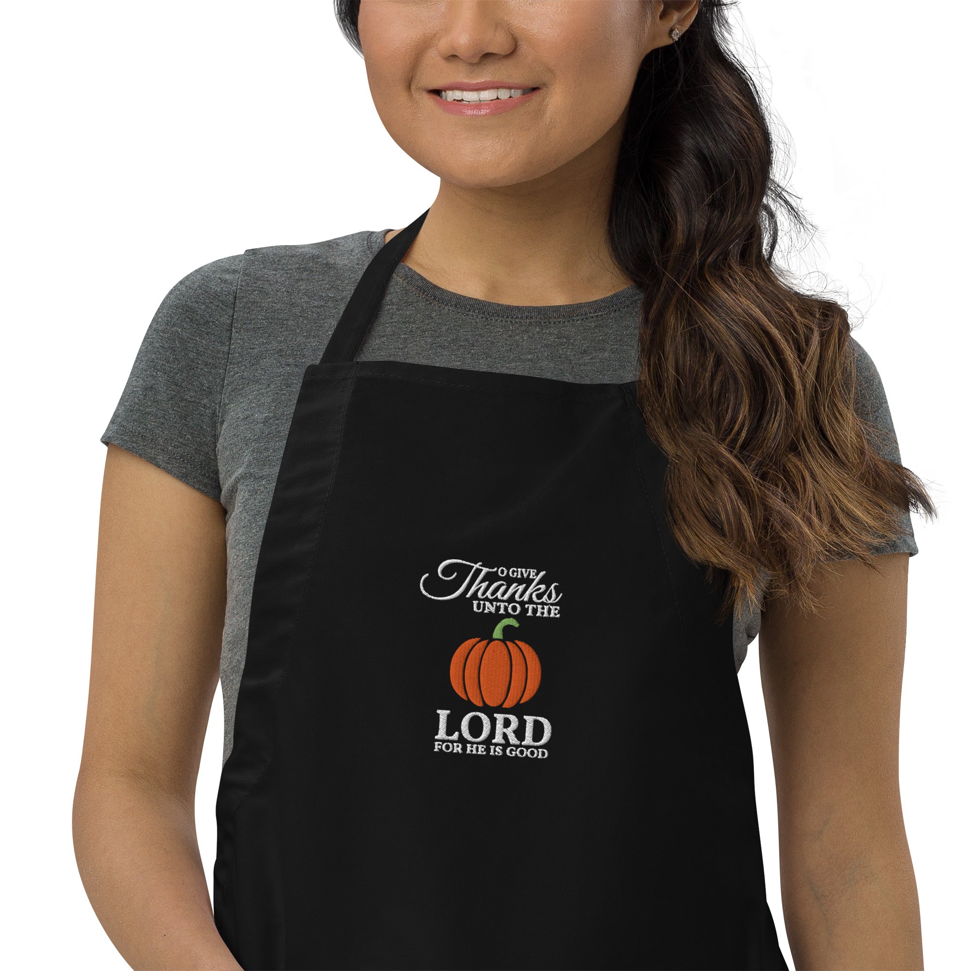 Give Thanks: Women's Embroidered Kitchen Apron in Black - Faith-Mark