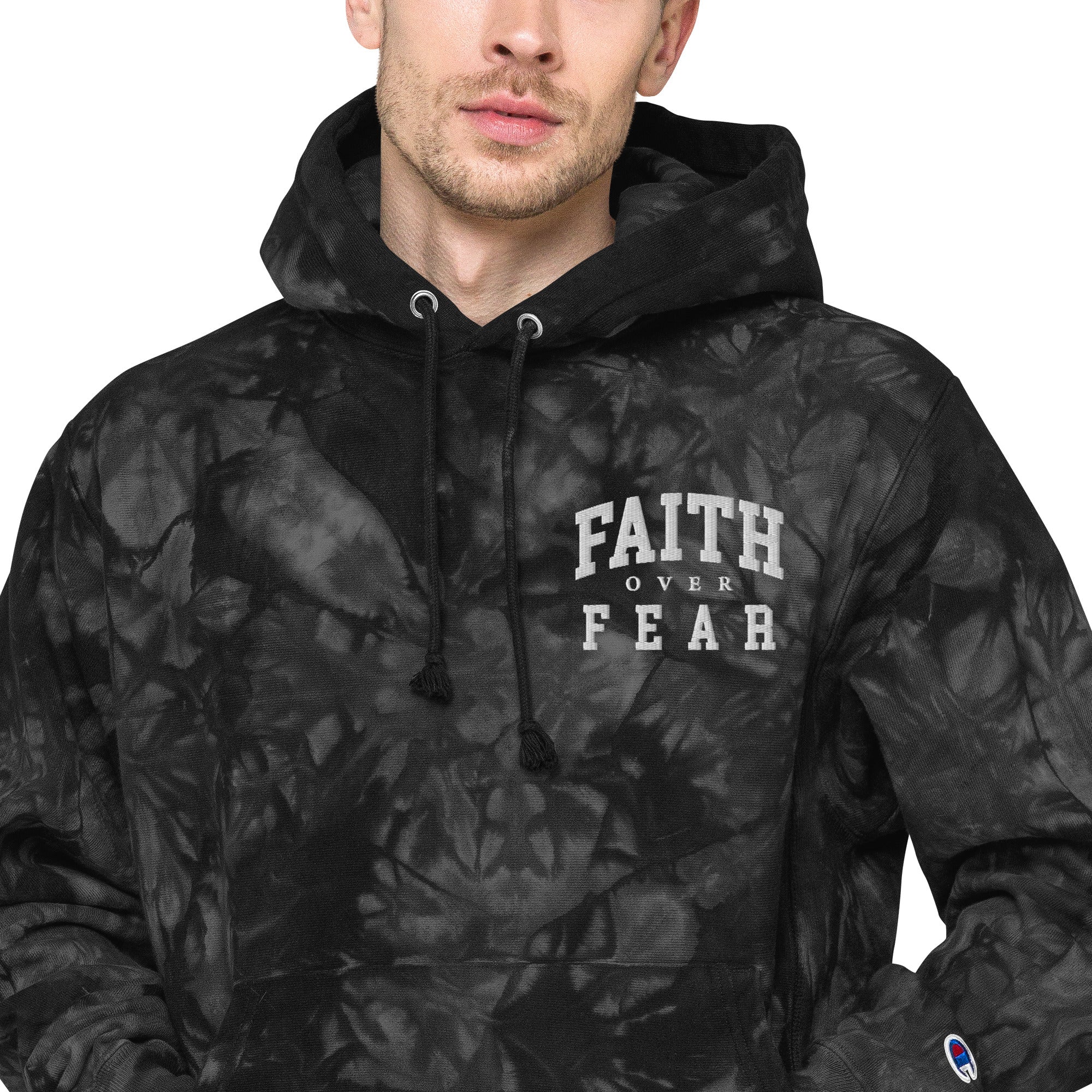 Faith-Mark x Champion Faith Over Fear: Men's Tie-Dye Hoodie in Black - Faith-Mark