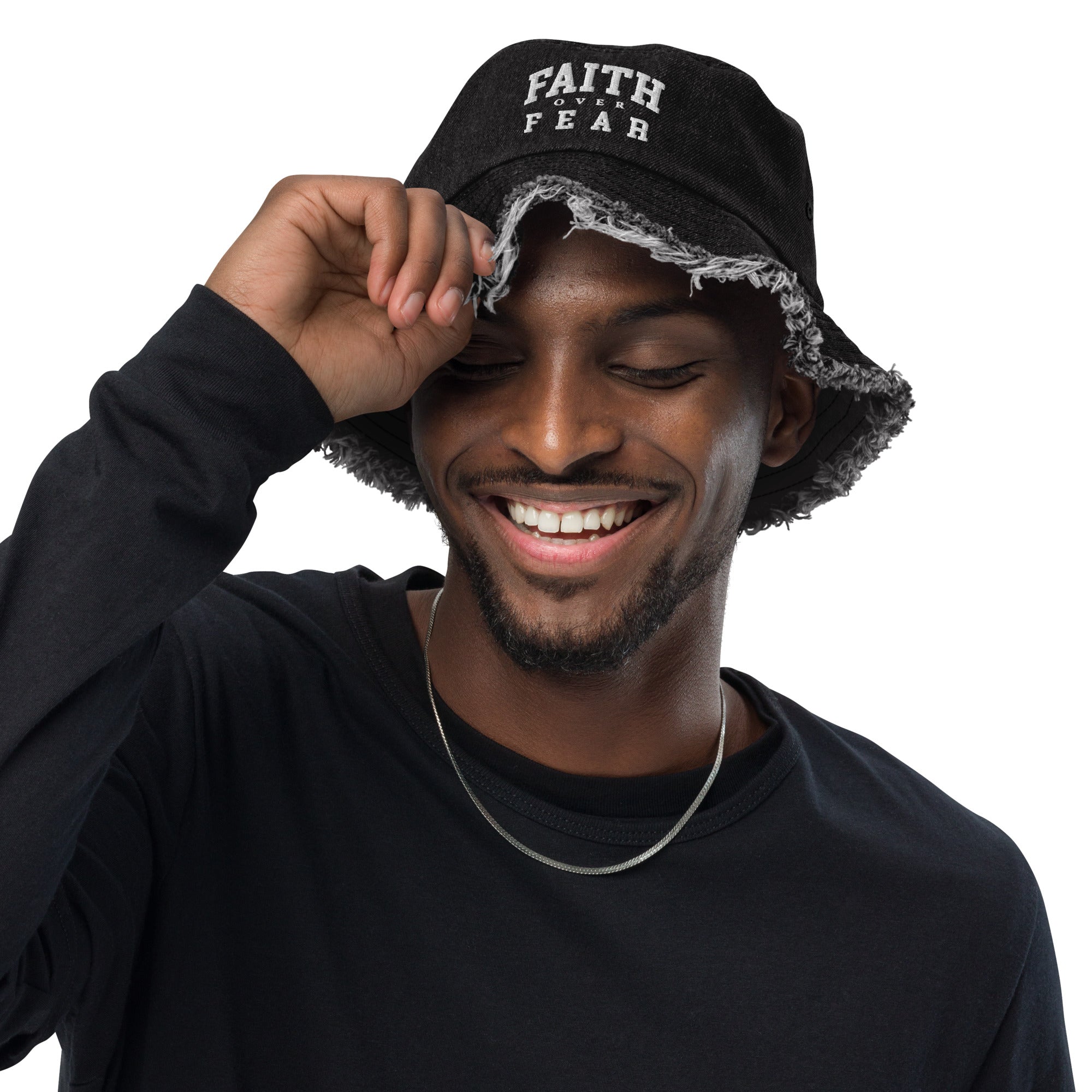 Faith Over Fear: Men's Distressed Denim Bucket Hat - Faith-Mark