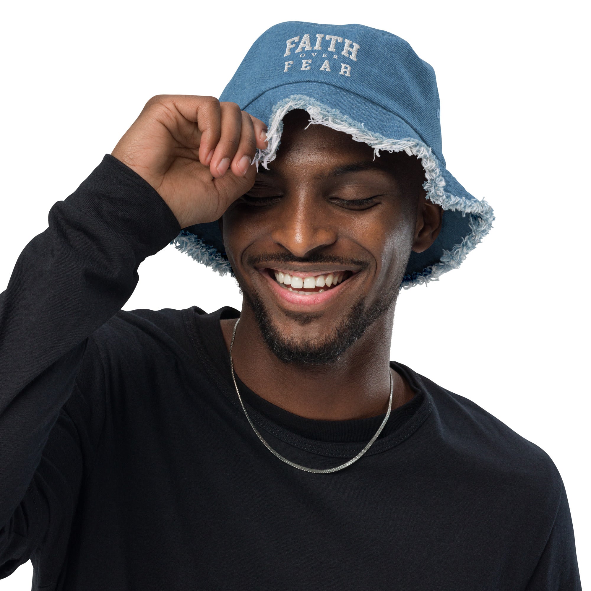 Faith Over Fear: Men's Distressed Denim Bucket Hat - Faith-Mark