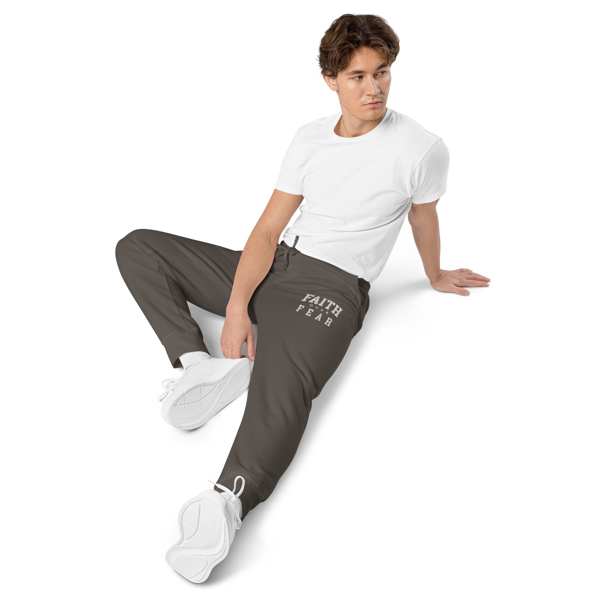 Faith Over Fear: Men's Pigment-Dyed Sweatpants in Black - Faith-Mark