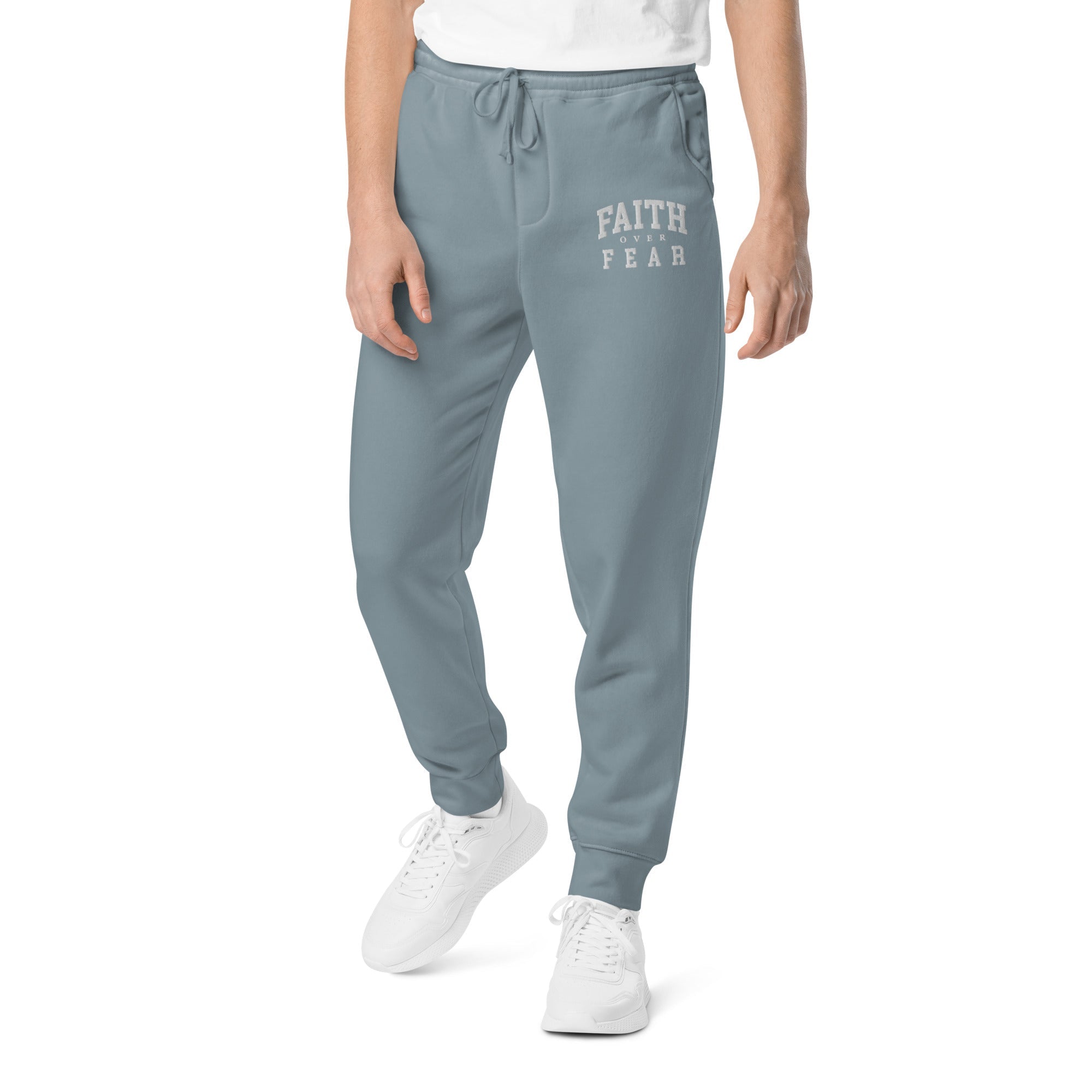 Faith Over Fear: Men's Pigment-Dyed Sweatpants in Navy - Faith-Mark