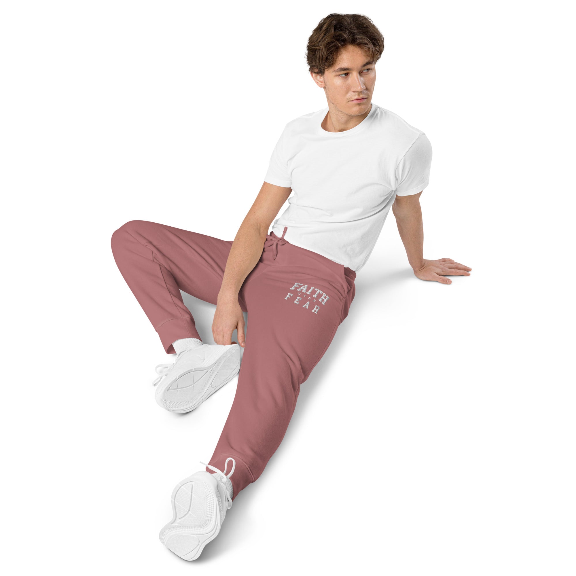 Faith Over Fear: Men's Pigment-Dyed Sweatpants in Red - Faith-Mark