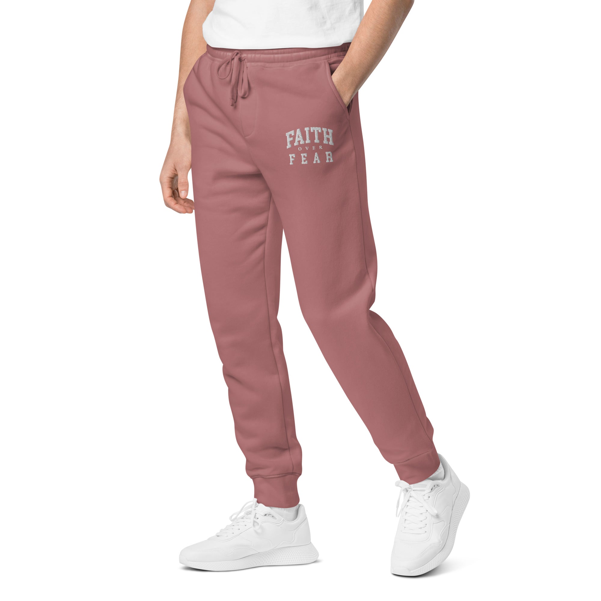 Faith Over Fear: Men's Pigment-Dyed Sweatpants in Red - Faith-Mark