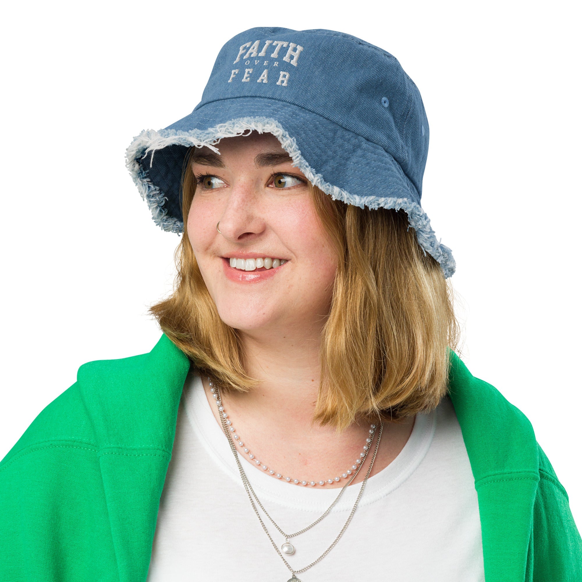 Faith Over Fear: Women's Distressed Denim Bucket Hat - Faith-Mark