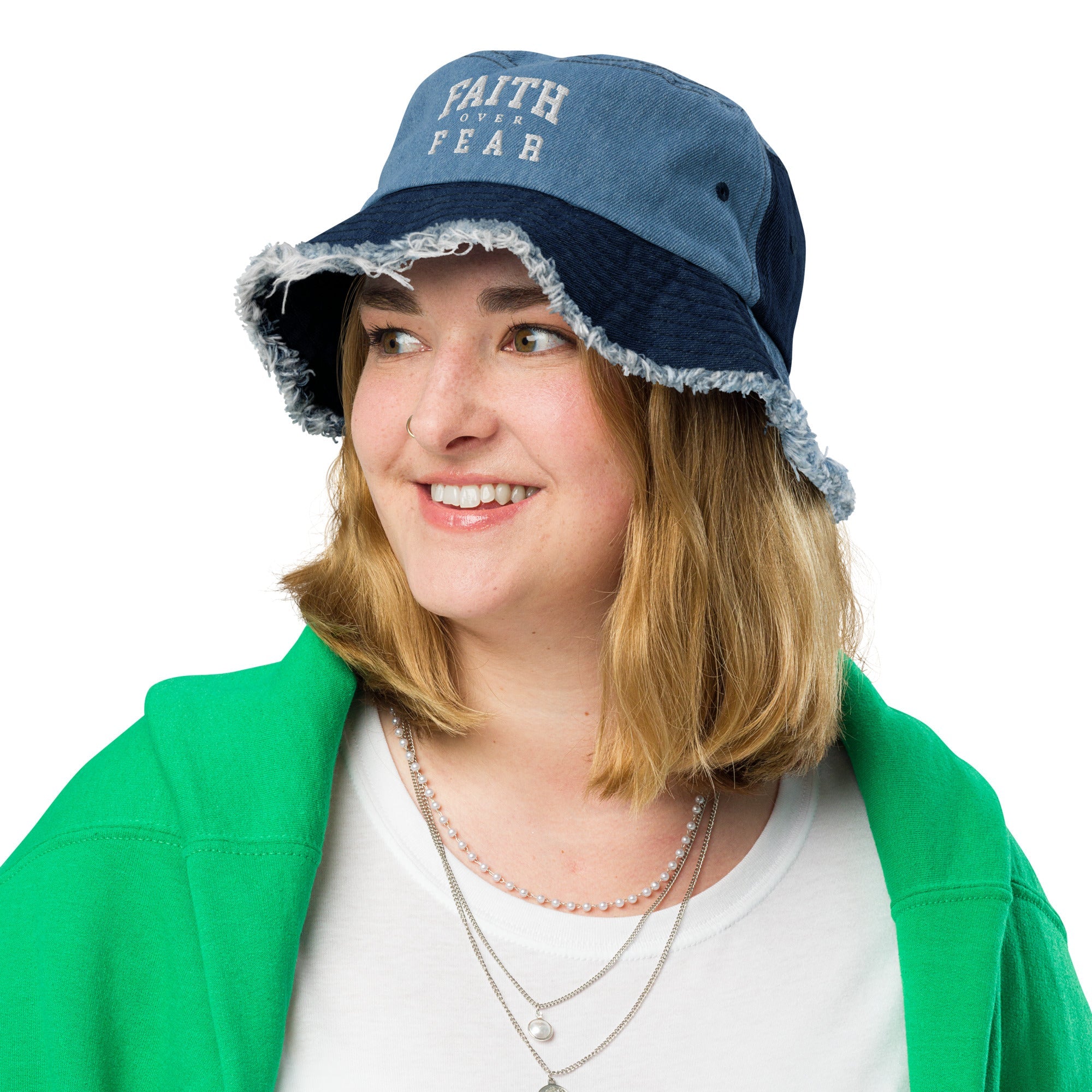 Faith Over Fear: Women's Distressed Denim Bucket Hat - Faith-Mark