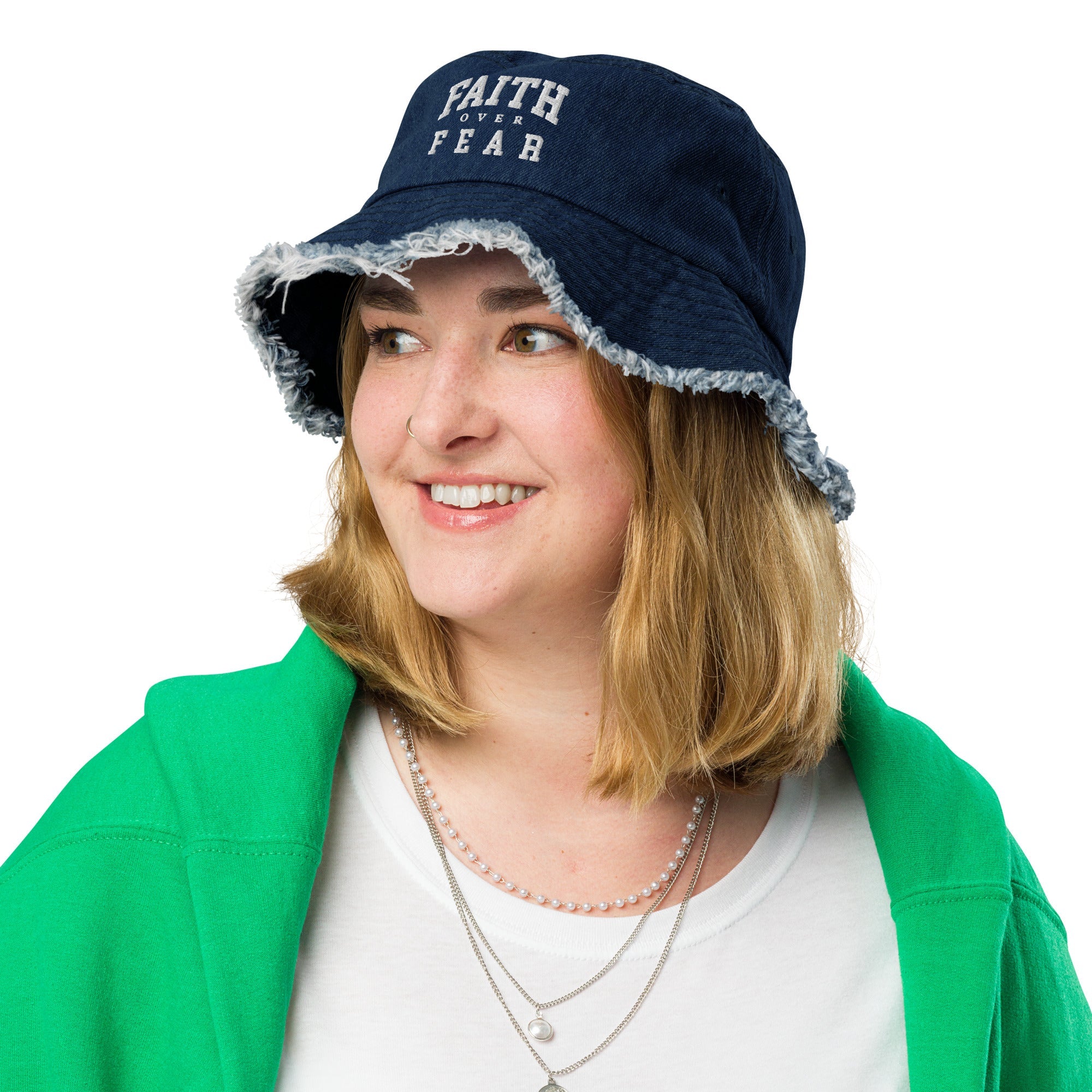 Faith Over Fear: Women's Distressed Denim Bucket Hat - Faith-Mark