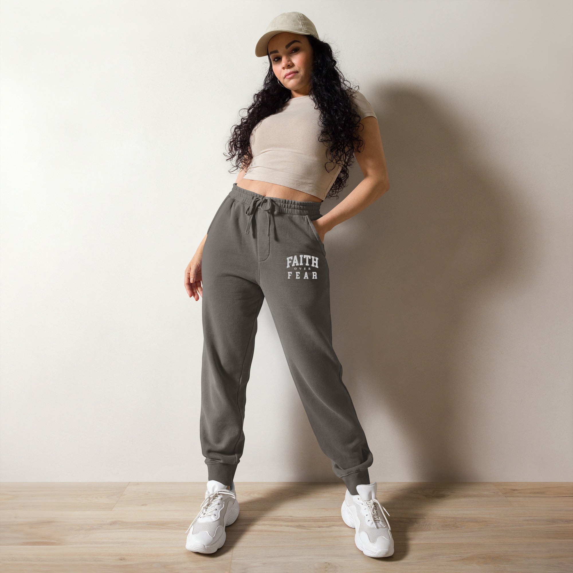 Faith Over Fear: Women's Pigment-Dyed Sweatpants in Black - Faith-Mark