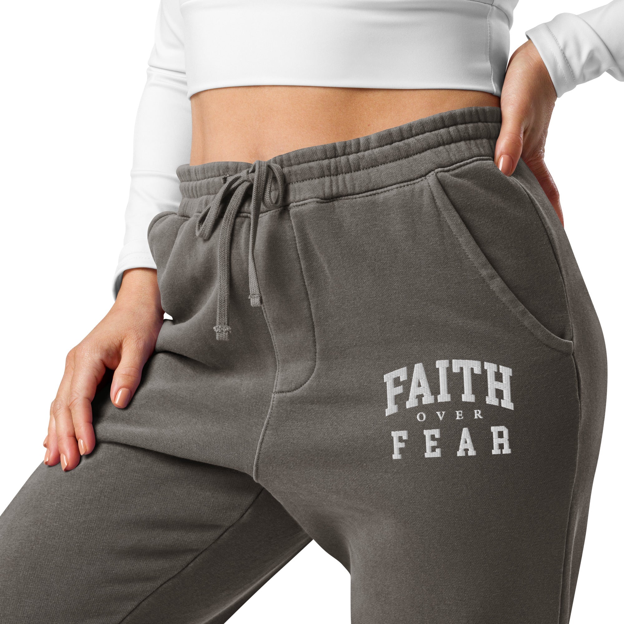 Faith Over Fear: Women's Pigment-Dyed Sweatpants in Black - Faith-Mark