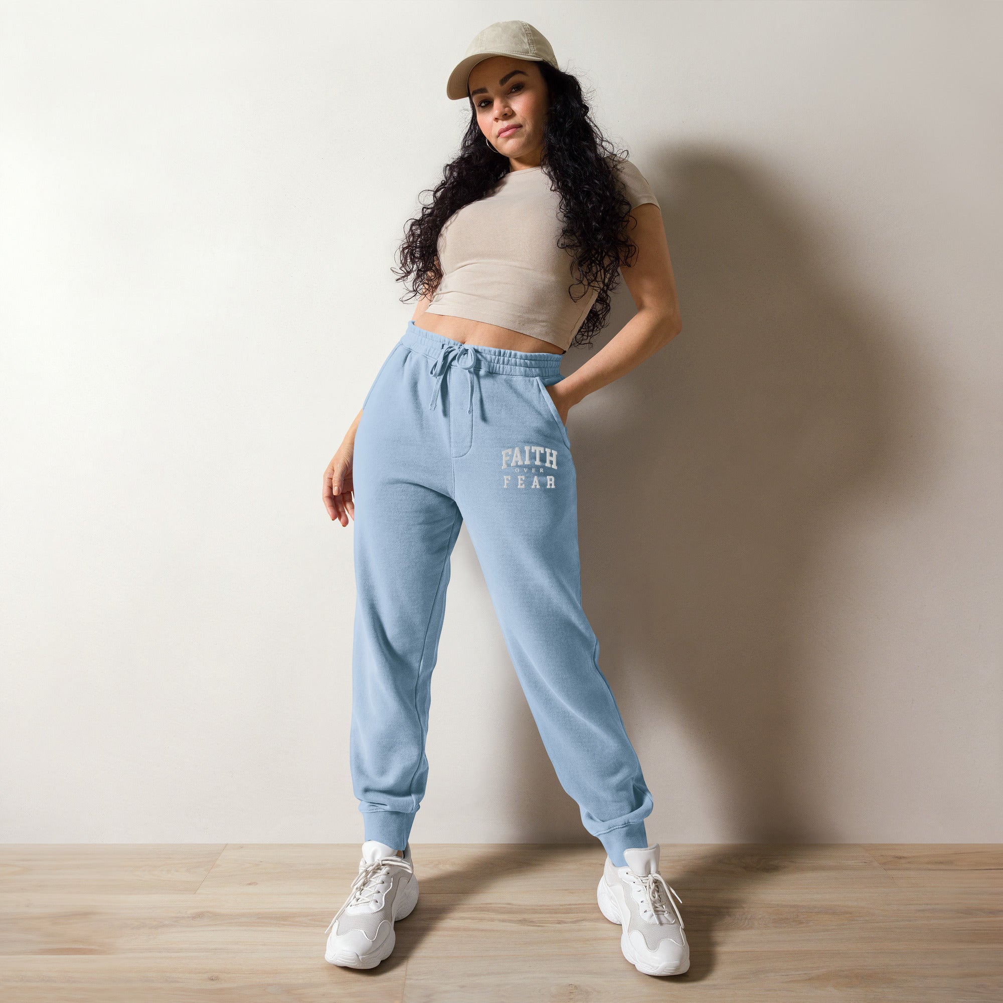 Faith Over Fear: Women's Pigment-Dyed Sweatpants in Blue - Faith-Mark