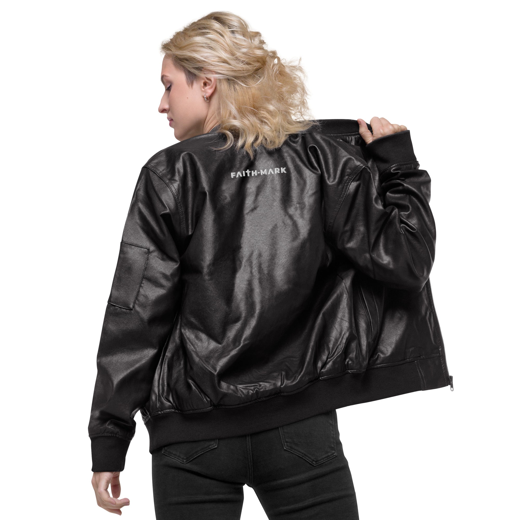 Know God, No Fear: Women's Leather Jacket in Black - Faith-Mark