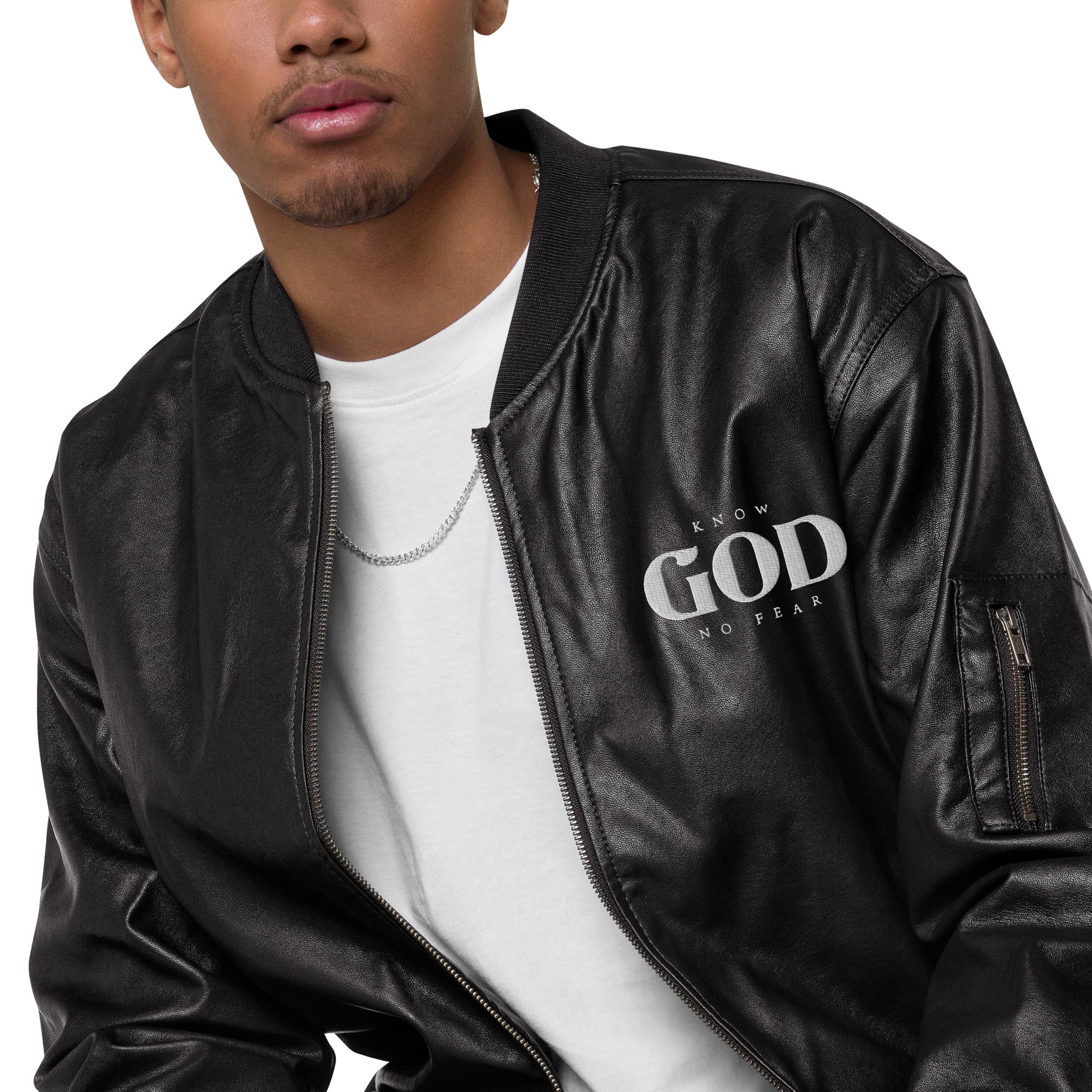 Know God, No Fear: Men's Leather Jacket in Black - Faith-Mark