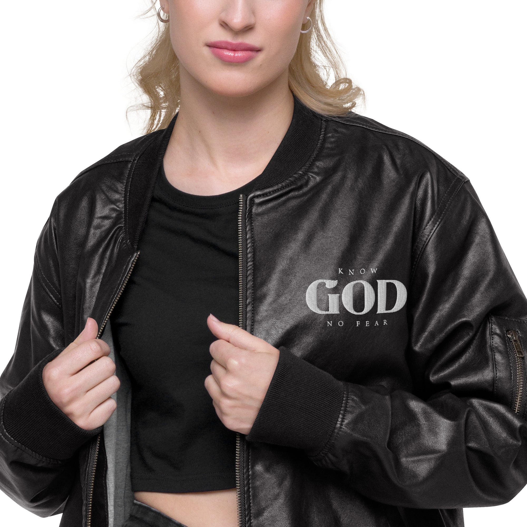 Know God, No Fear: Women's Leather Jacket in Black - Faith-Mark