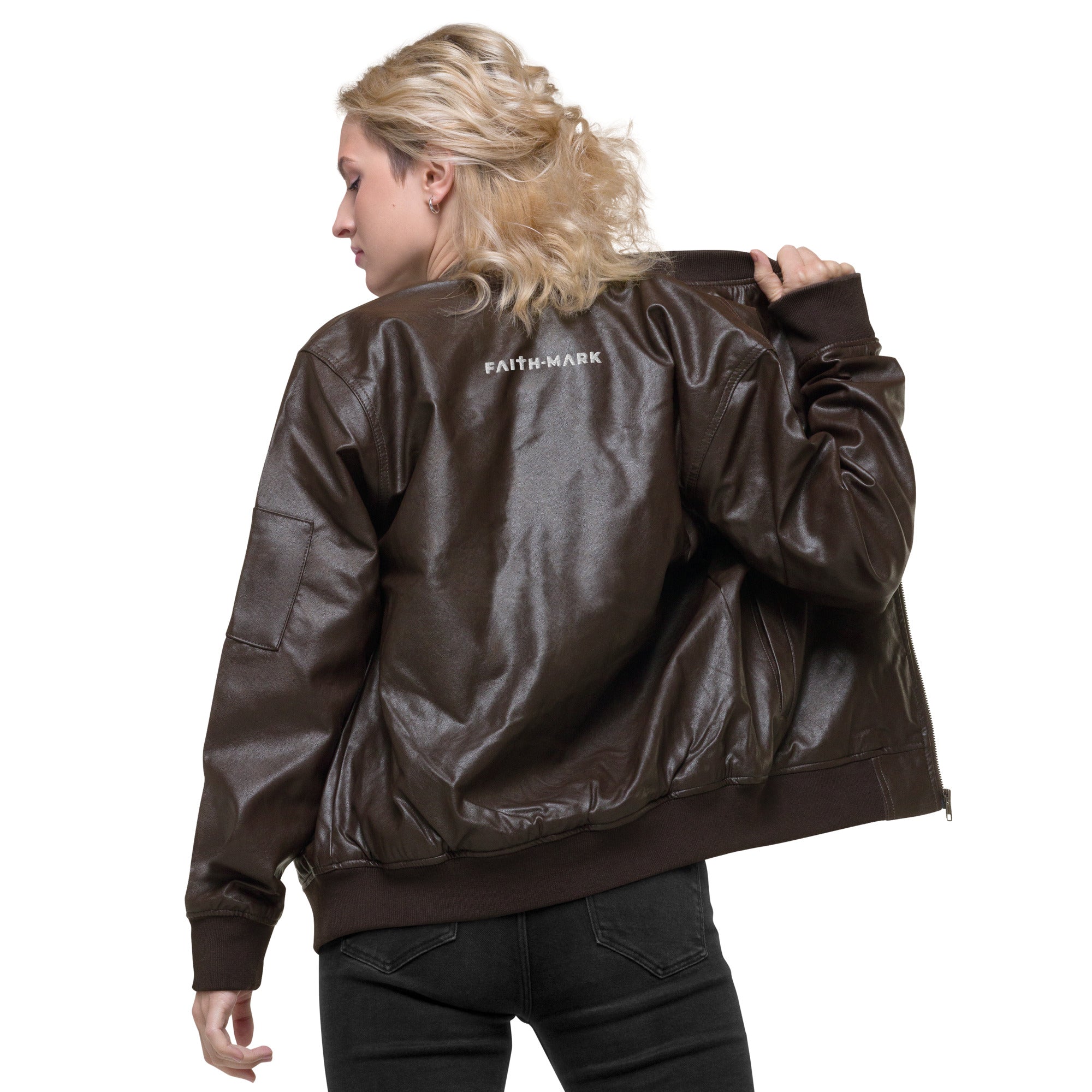 Know God, No Fear: Women's Leather Jacket in Brown - Faith-Mark