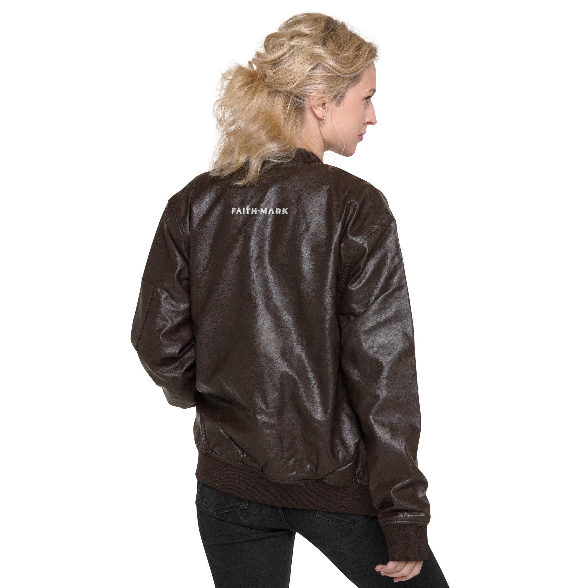 Know God, No Fear: Women's Leather Jacket in Brown - Faith-Mark