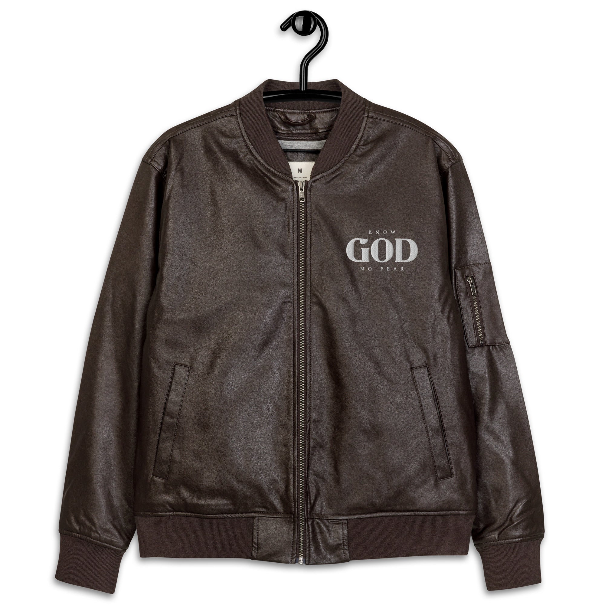 Know God, No Fear: Women's Leather Jacket in Brown - Faith-Mark