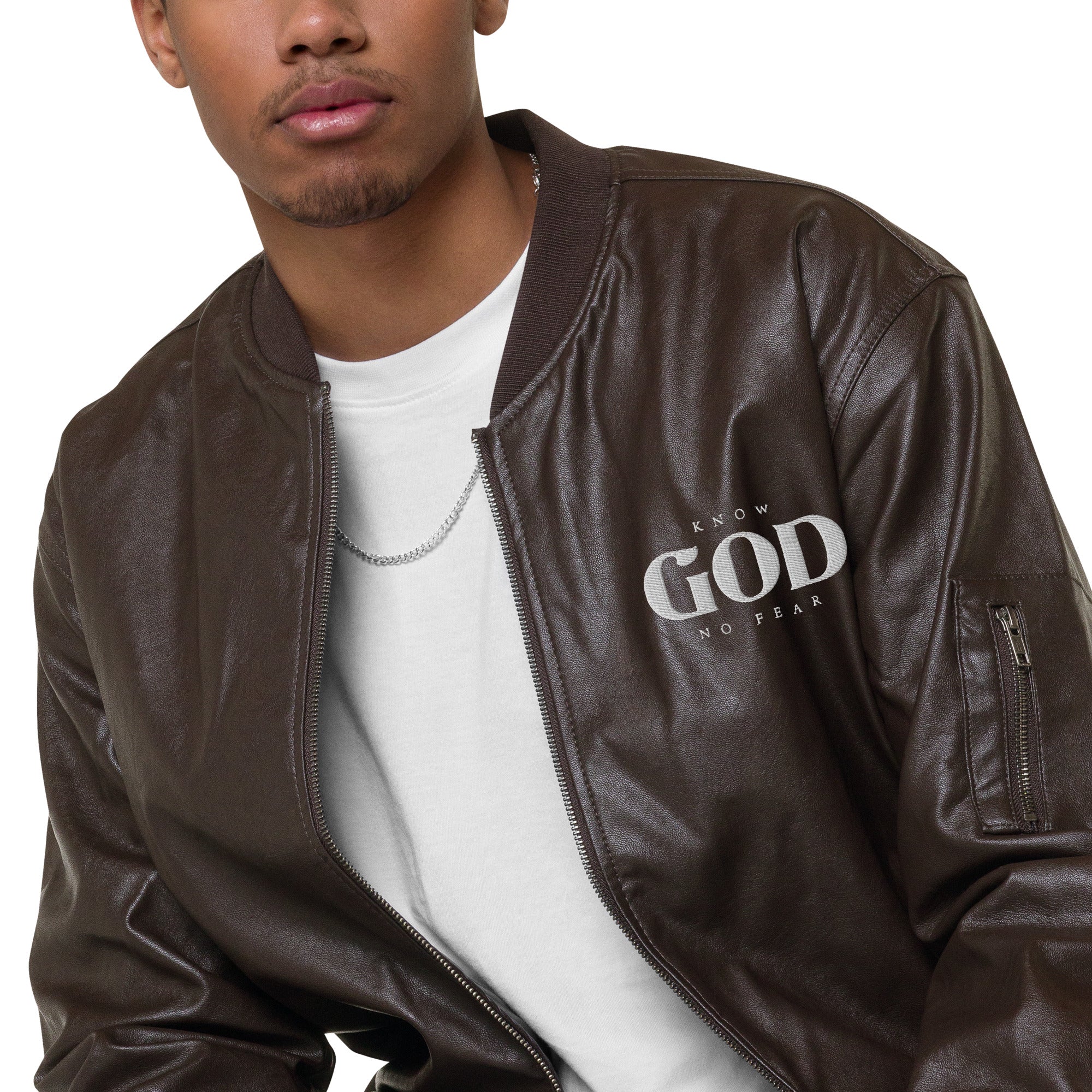 Know God, No Fear: Men's Leather Jacket in Brown - Faith-Mark