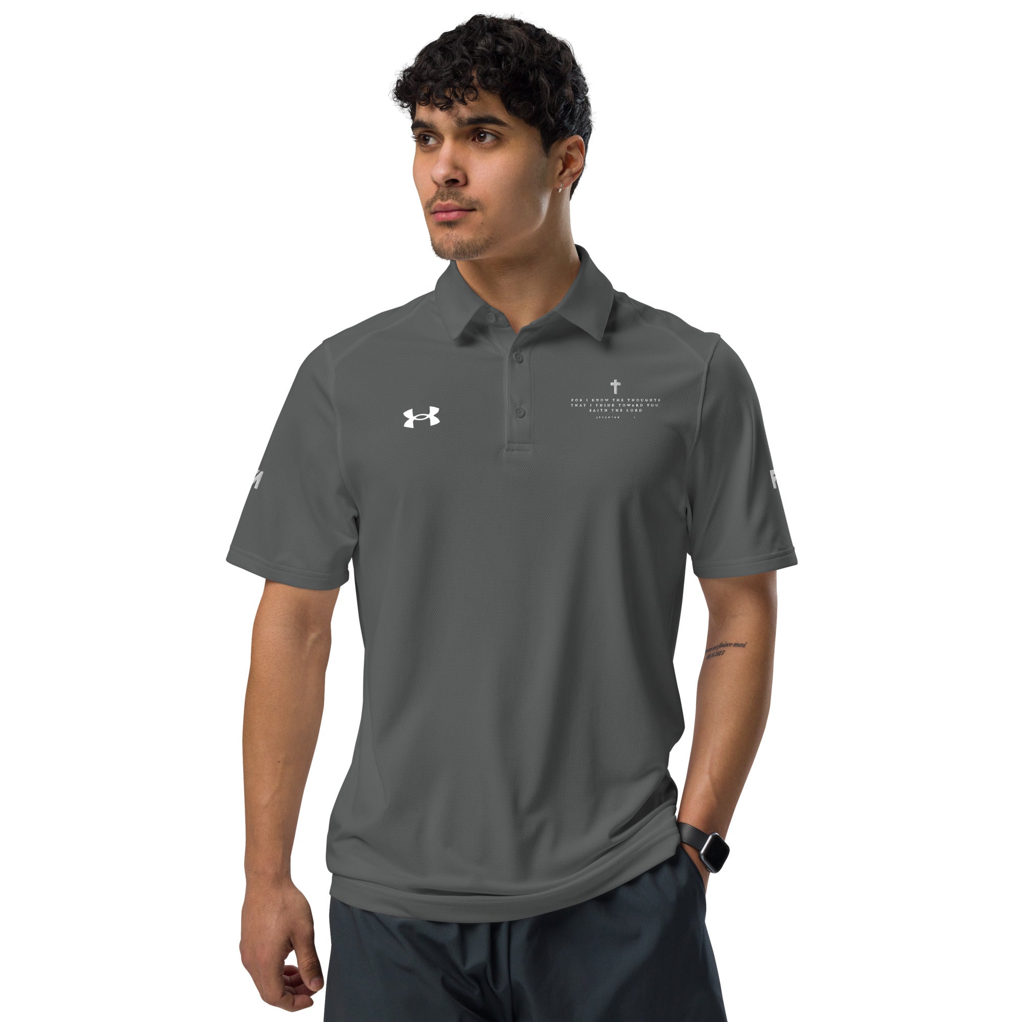 Faith-Mark x Under Armour Thoughts Toward You: Men's Performance Polo in Grey - Faith-Mark