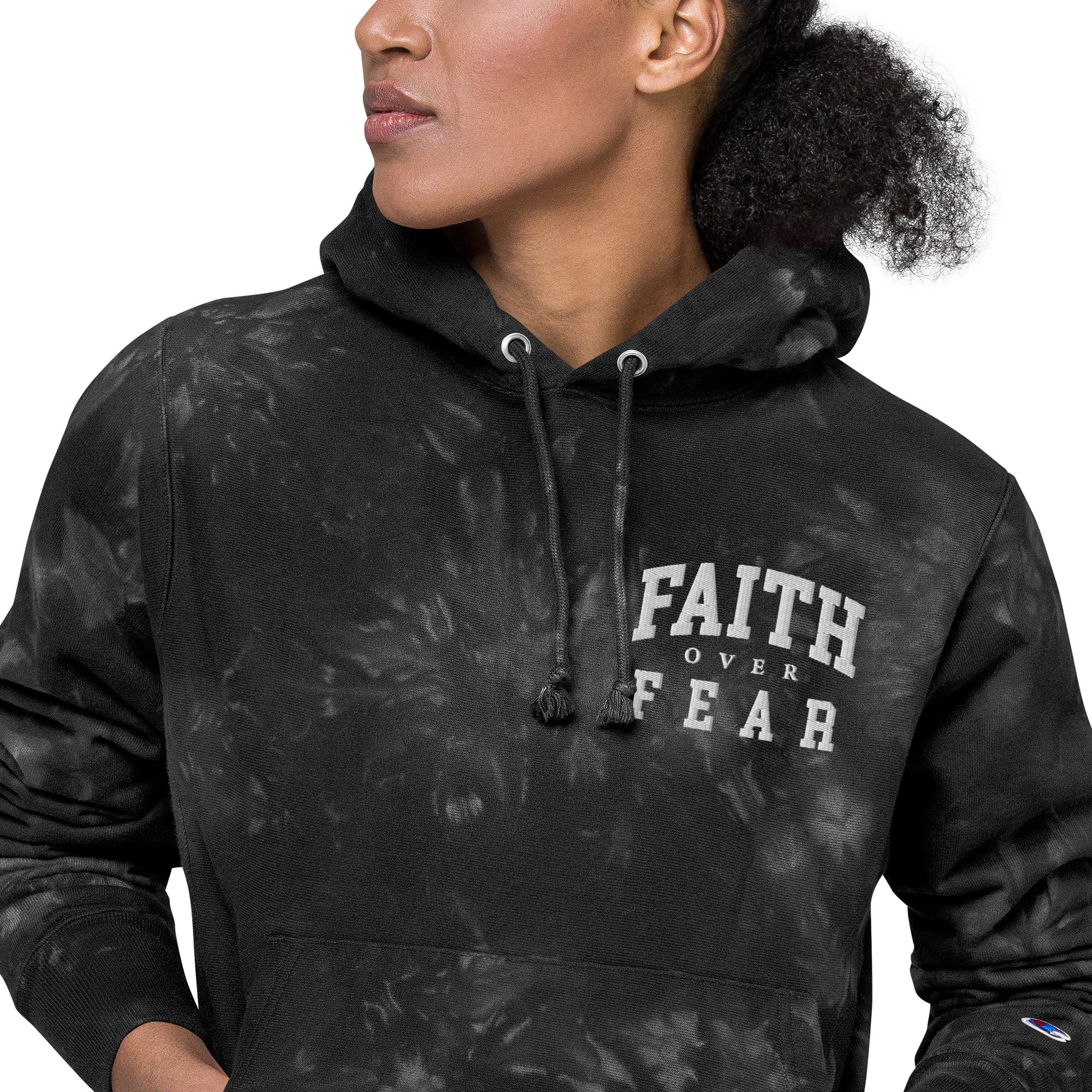 Faith-Mark x Champion Faith Over Fear: Women's Tie-Dye Hoodie in Black - Faith-Mark