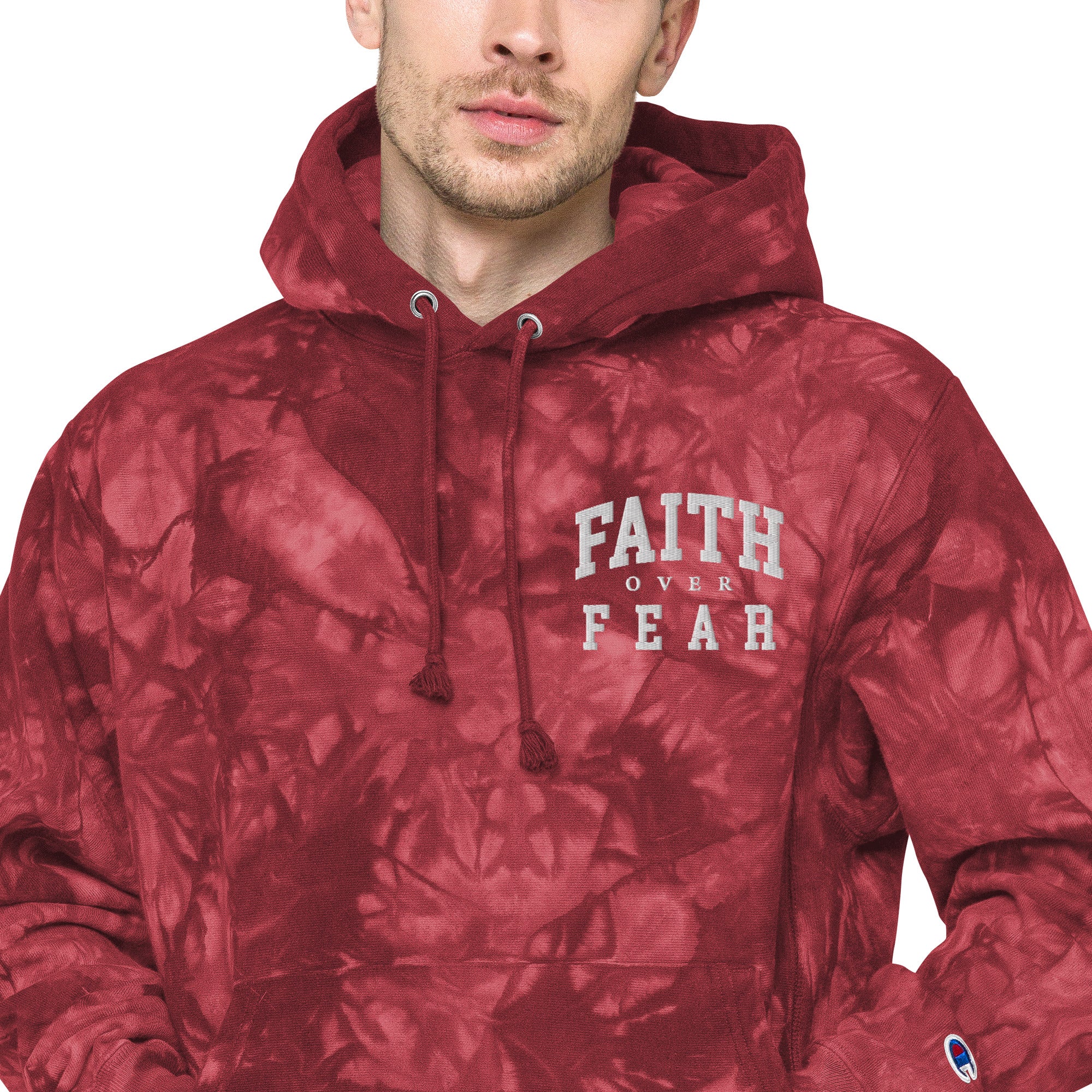 Faith-Mark x Champion Faith Over Fear: Men's Tie-Dye Hoodie in Red - Faith-Mark