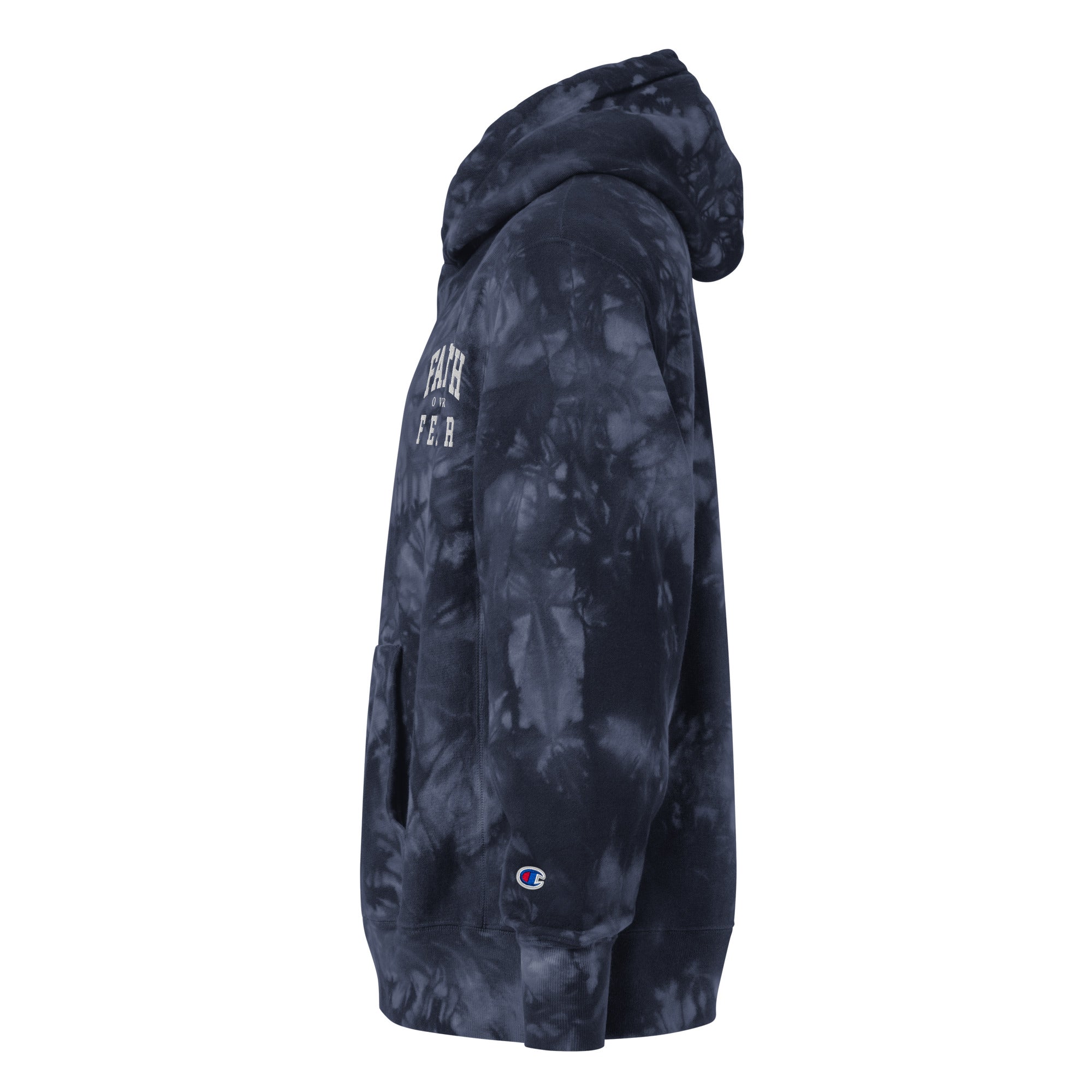 Faith-Mark x Champion Faith Over Fear: Women's Tie-Dye Hoodie in Navy - Faith-Mark