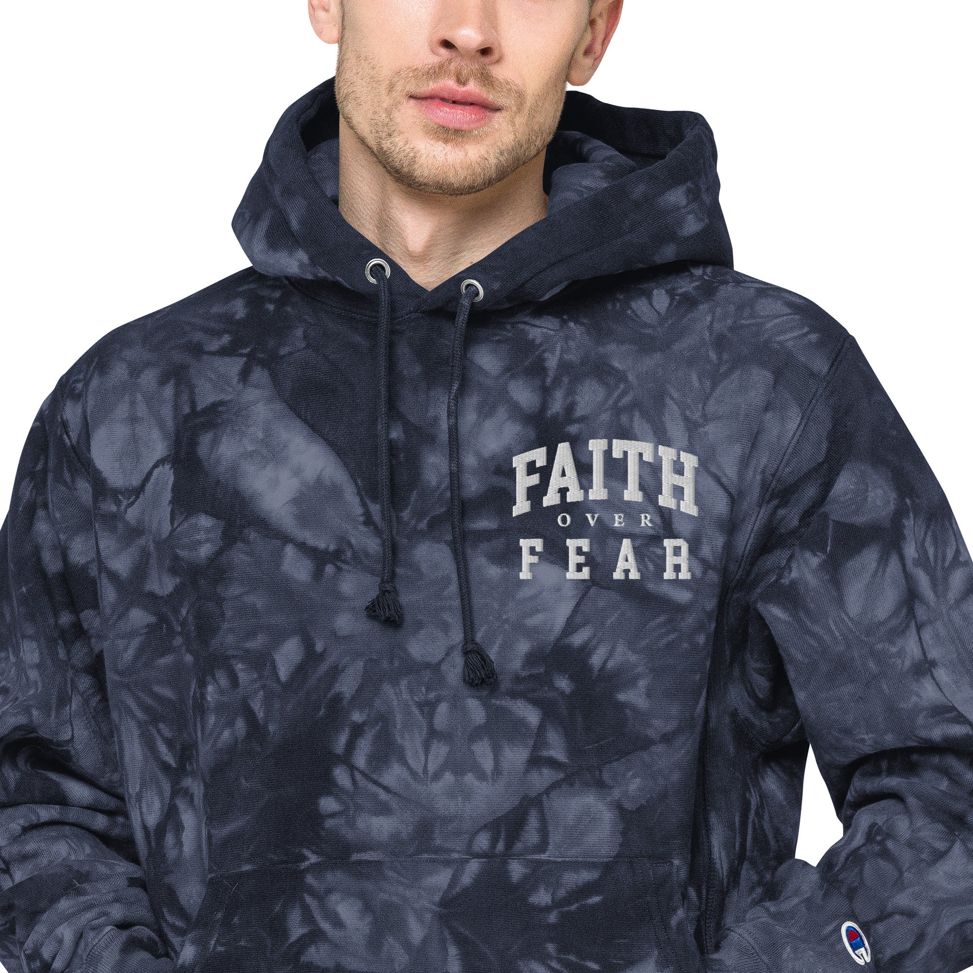 Faith-Mark x Champion Faith Over Fear: Men's Tie-Dye Hoodie in Navy - Faith-Mark