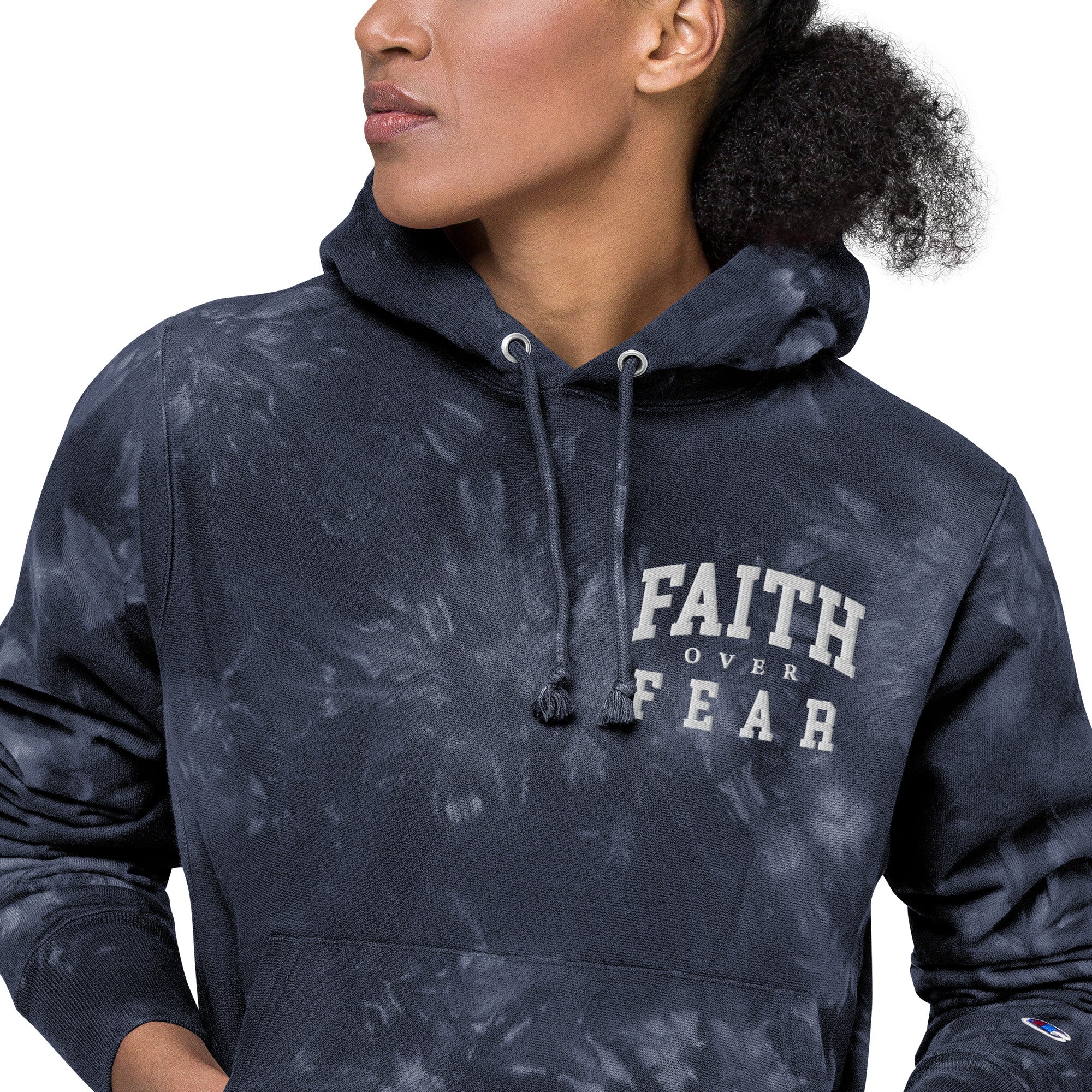 Faith-Mark x Champion Faith Over Fear: Women's Tie-Dye Hoodie in Navy - Faith-Mark