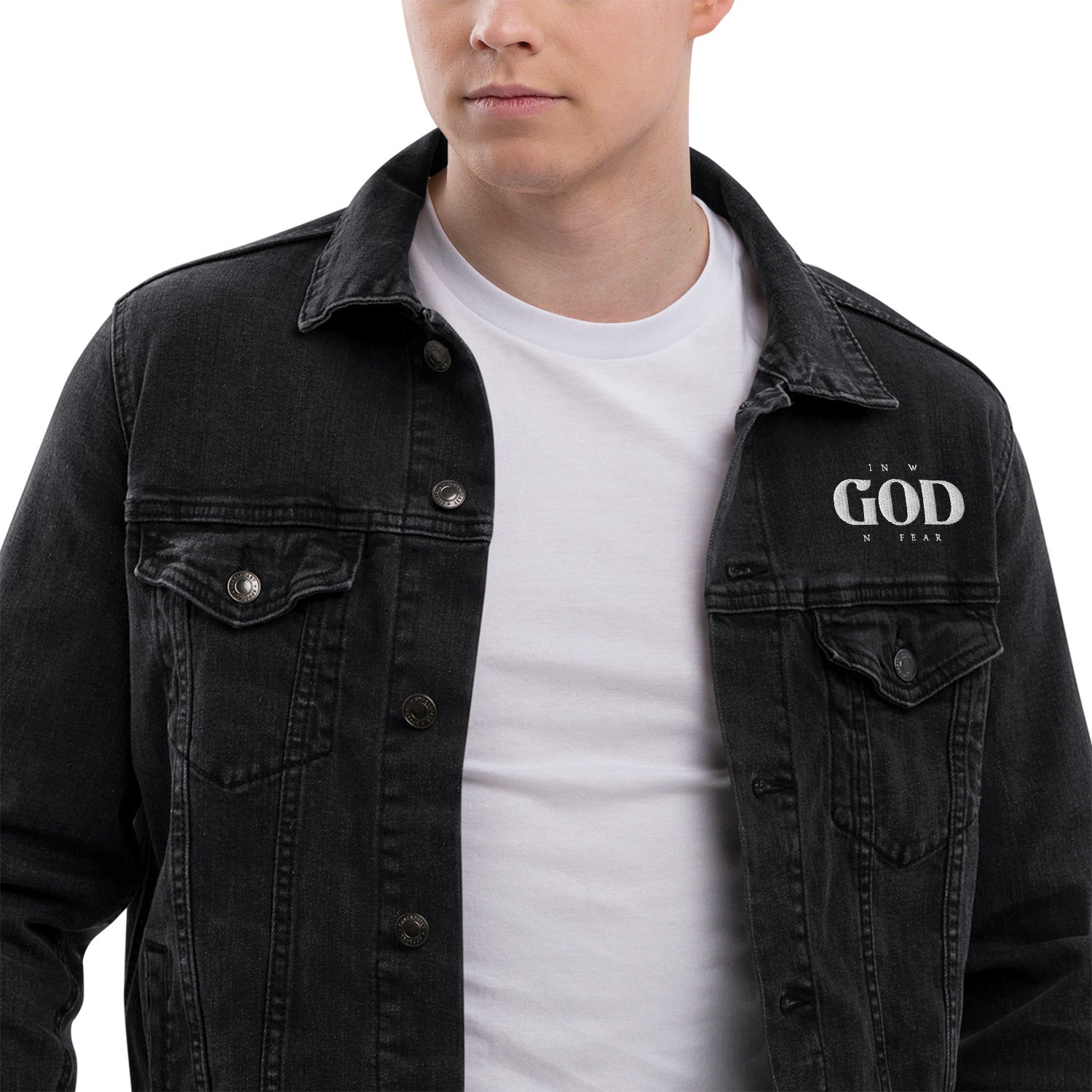 Know God, No Fear: Men's Denim Jacket in Black - Faith-Mark